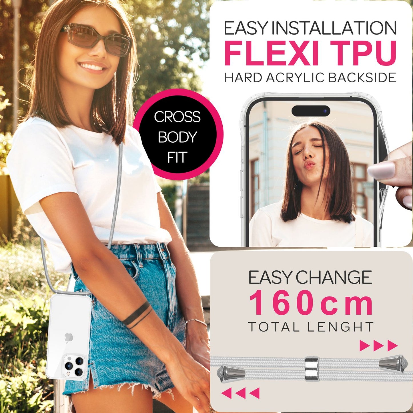 NALIA Clear Case with Neck Strap for iPhone 16 Pro, Transparent Protective Phone Case with Phone Chain