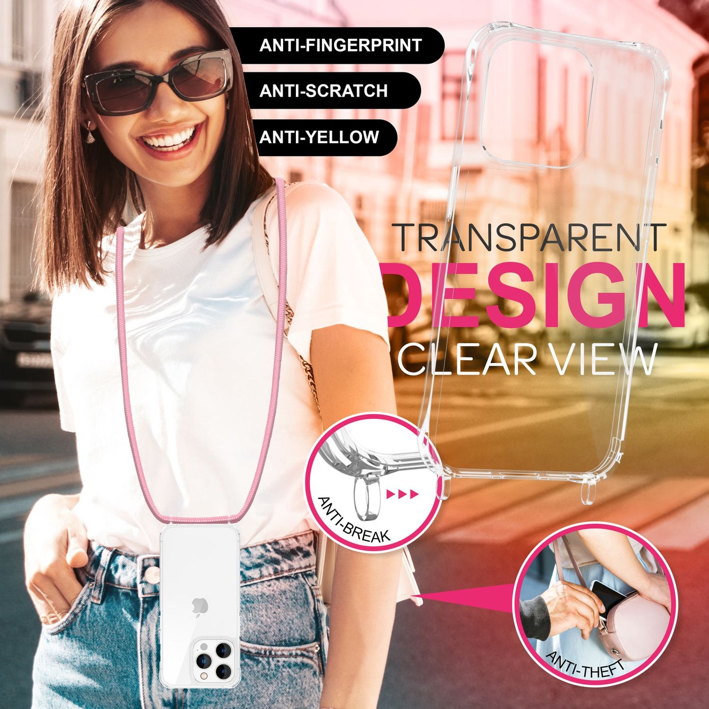 NALIA Clear Case with Neck Strap for iPhone 16 Pro, Transparent Protective Phone Case with Phone Chain