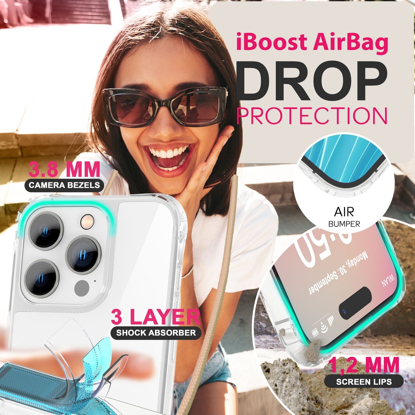 NALIA Clear Case with Neck Strap for iPhone 16 Pro Max, Transparent Hard Phone Case with Phone Chain