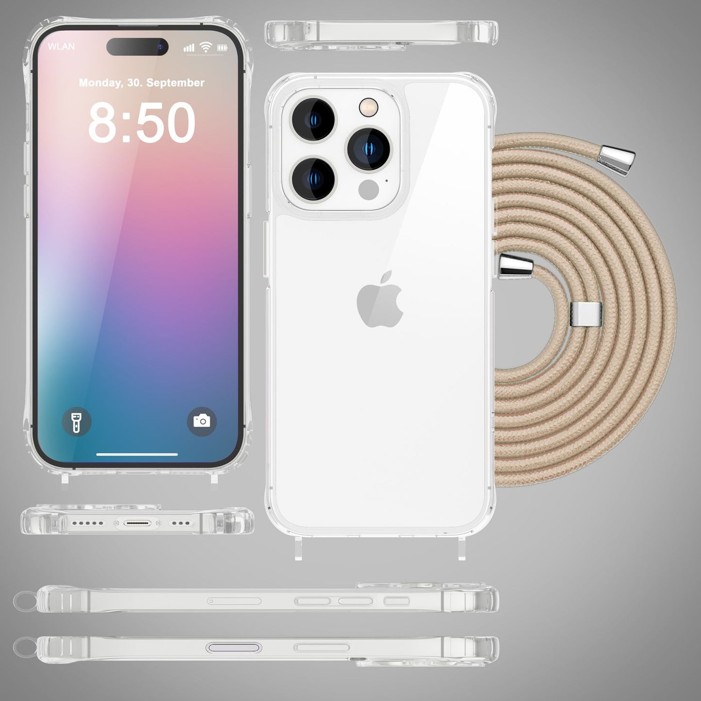 NALIA Clear Case with Neck Strap for iPhone 16 Pro Max, Transparent Hard Phone Case with Phone Chain