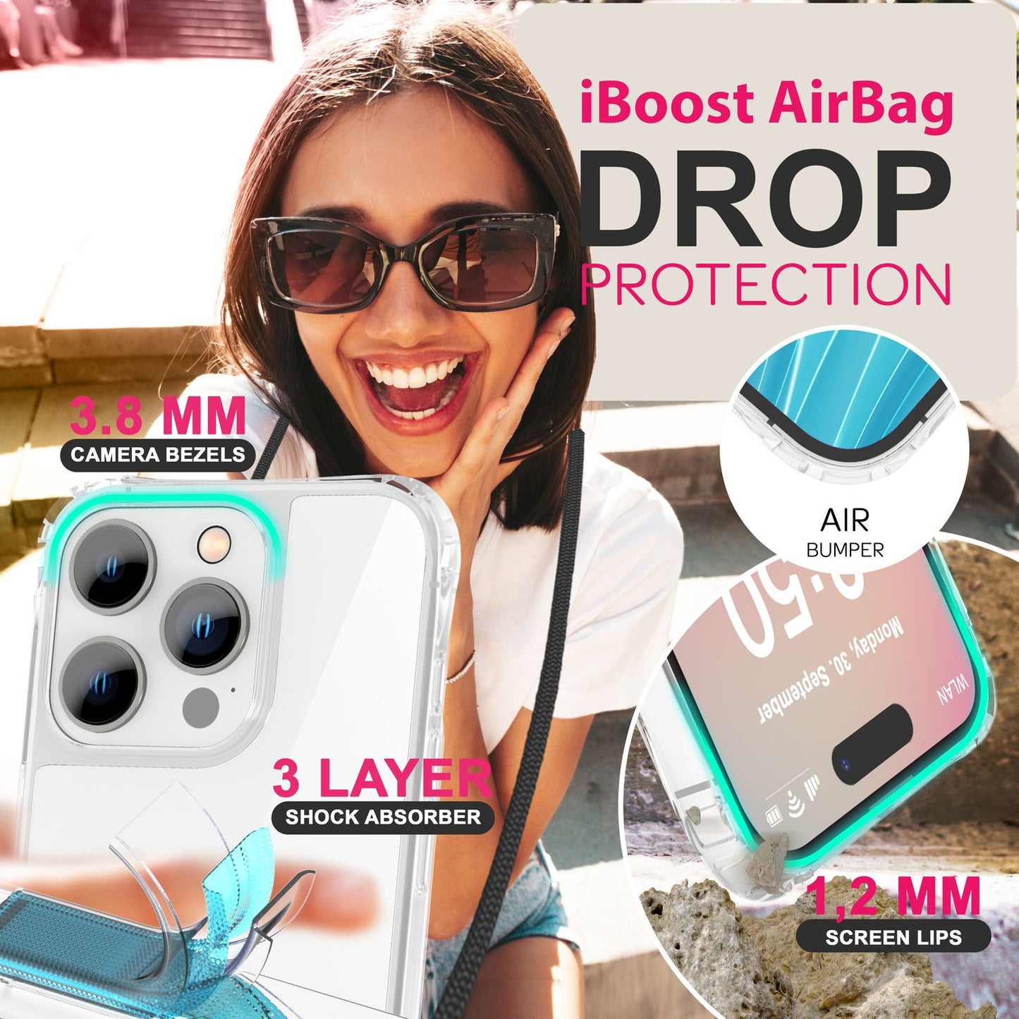 NALIA Clear Case with Neck Strap for iPhone 16 Pro Max, Transparent Hard Phone Case with Phone Chain