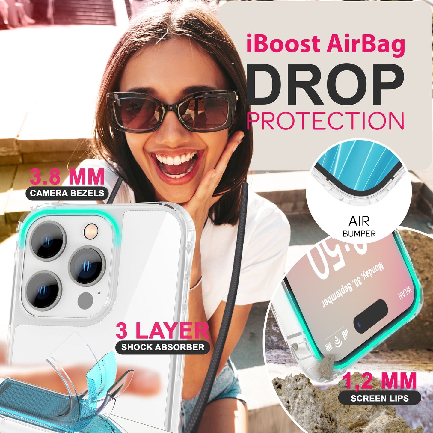 NALIA Clear Case with Neck Strap for iPhone 16 Pro Max, Transparent Hard Phone Case with Phone Chain