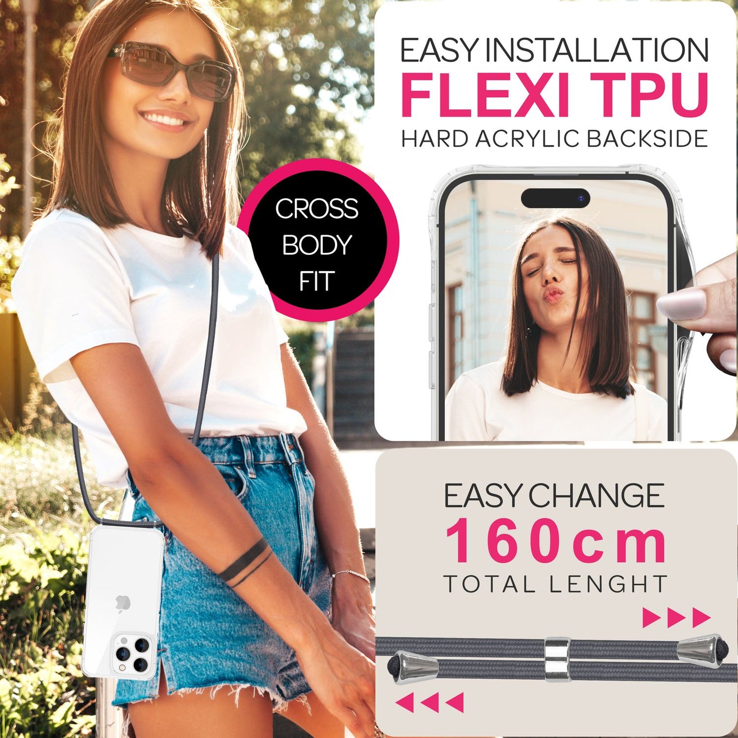 NALIA Clear Case with Neck Strap for iPhone 16 Pro Max, Transparent Hard Phone Case with Phone Chain