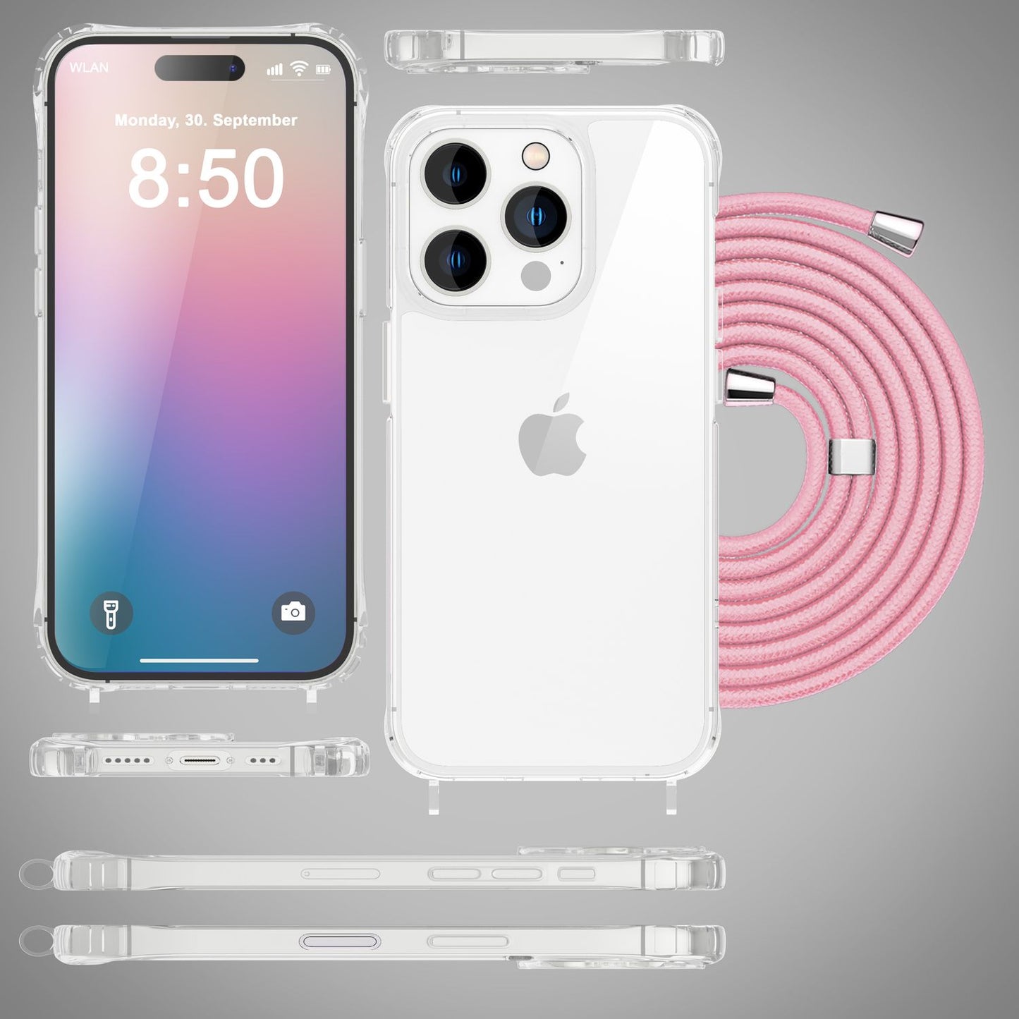 NALIA Clear Case with Neck Strap for iPhone 16 Pro Max, Transparent Hard Phone Case with Phone Chain