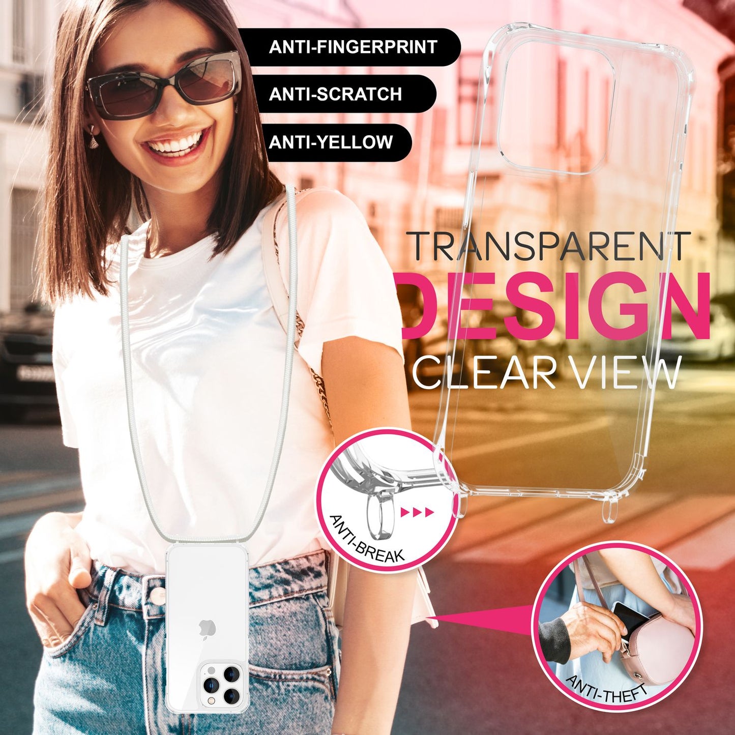 NALIA Clear Case with Neck Strap for iPhone 16 Pro Max, Transparent Hard Phone Case with Phone Chain