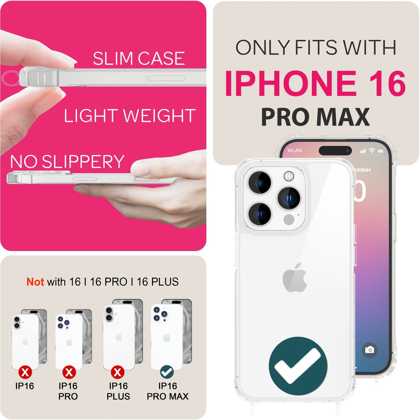 NALIA Clear Case with Neck Strap for iPhone 16 Pro Max, Transparent Hard Phone Case with Phone Chain