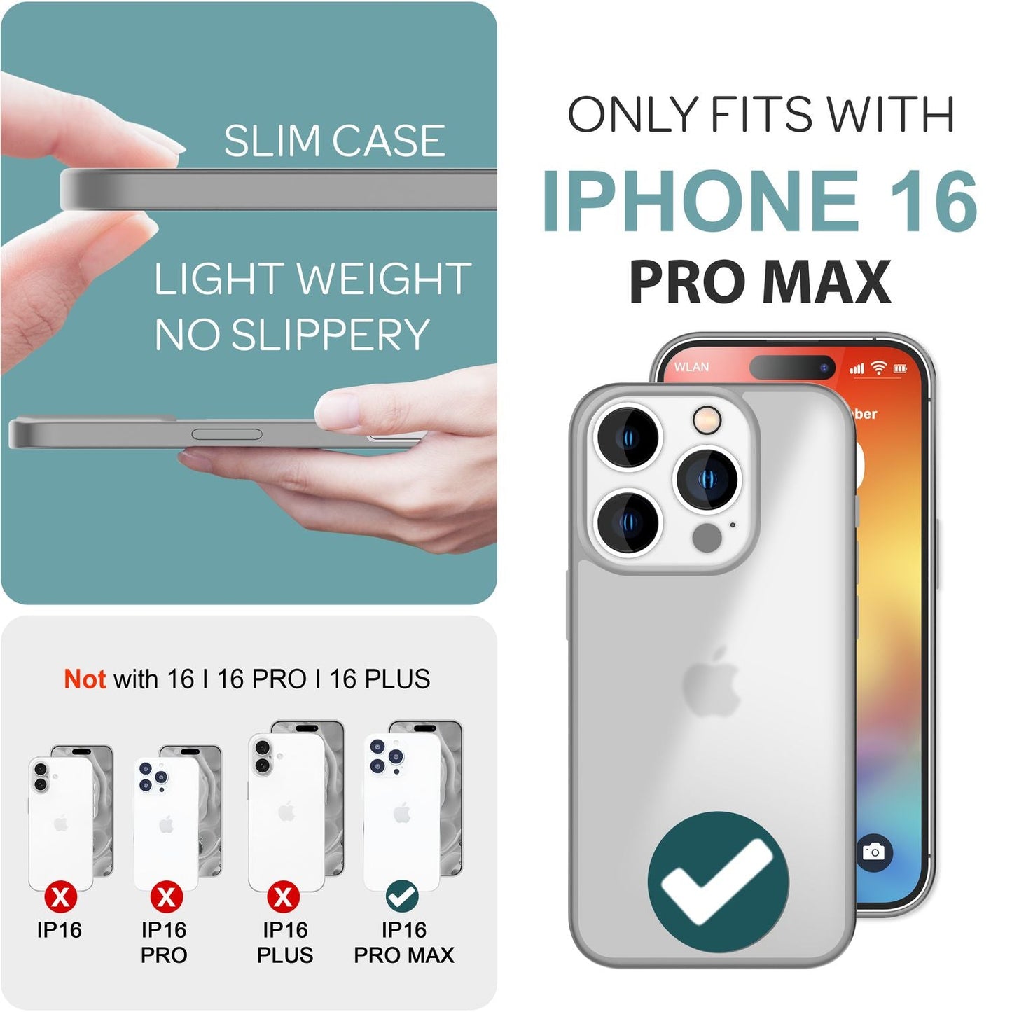 NALIA Matt Hybrid hulstur fyrir iPhone 16 Pro Max, akrýl bakhlið gegn fingraförum, hálfgagnsætt hulstur