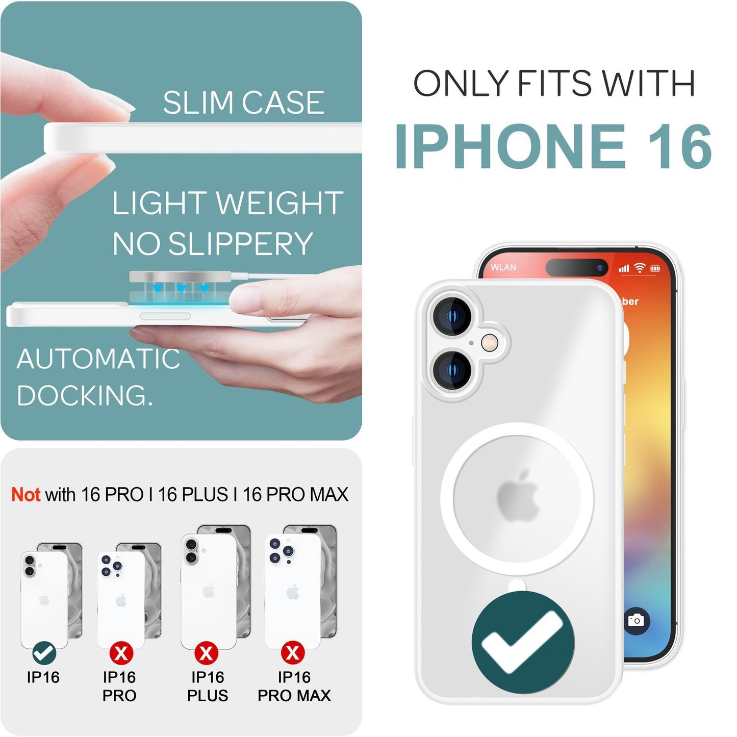 NALIA Matt MagSafe Hybrid hulstur fyrir iPhone 16, fingrafaravarnandi akrýlbakhlið, hálfgagnsætt hulstur