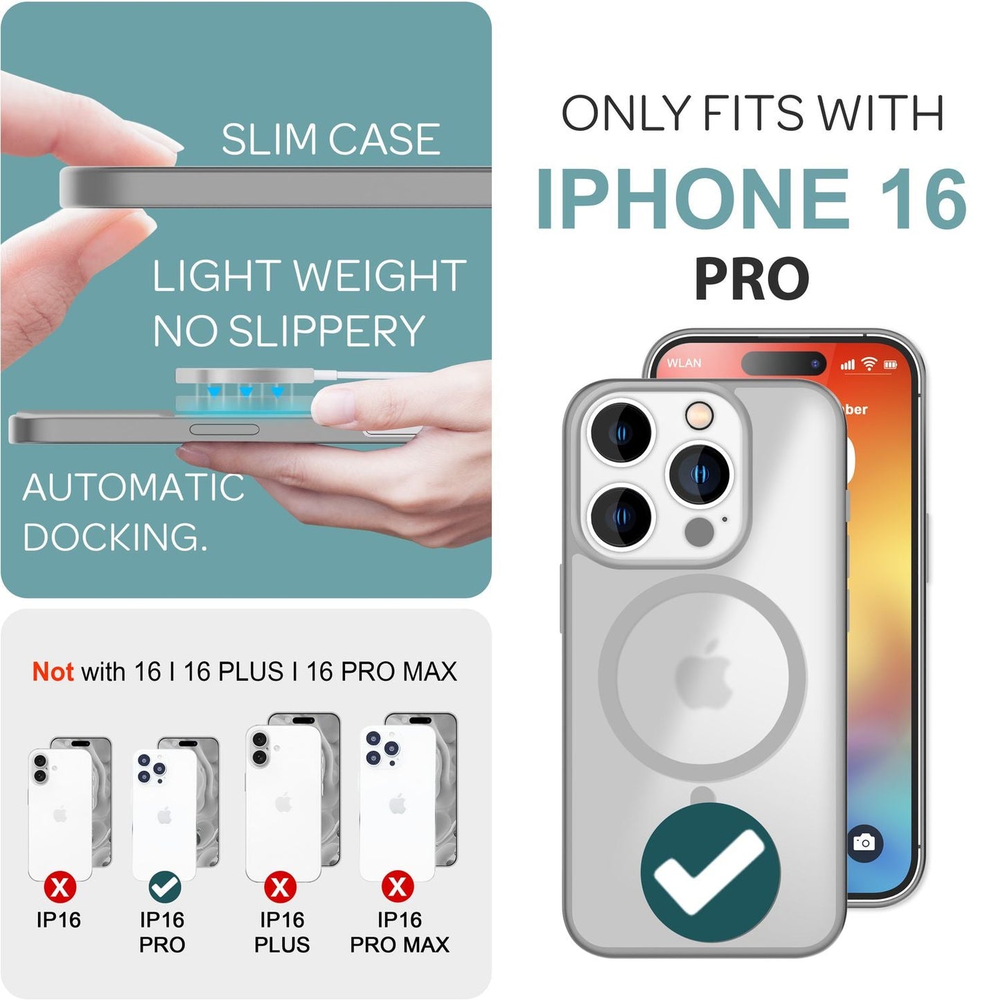 NALIA Matte MagSafe Hybrid hulstur fyrir iPhone 16 Pro, fingrafaravarnandi akrýlbakhlið, hálfgagnsætt