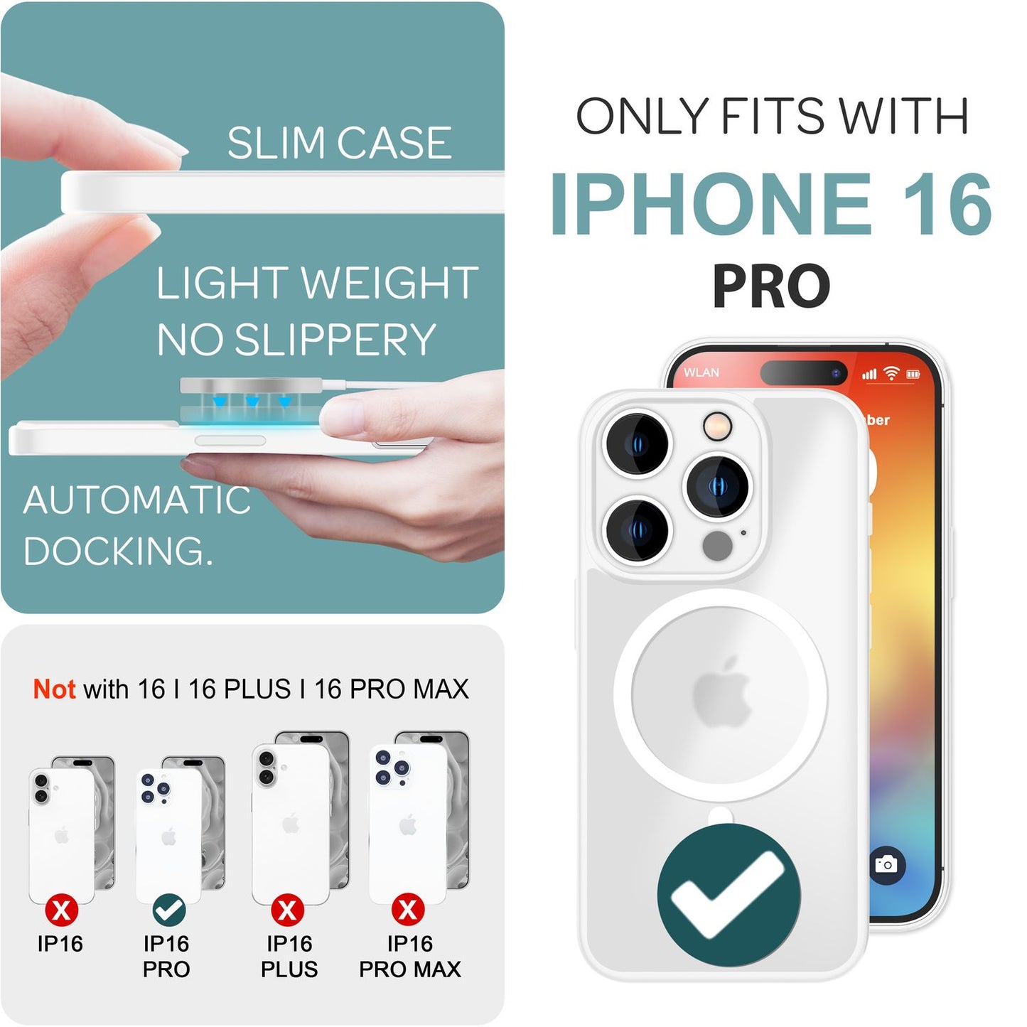 NALIA Matte MagSafe Hybrid hulstur fyrir iPhone 16 Pro, fingrafaravarnandi akrýlbakhlið, hálfgagnsætt