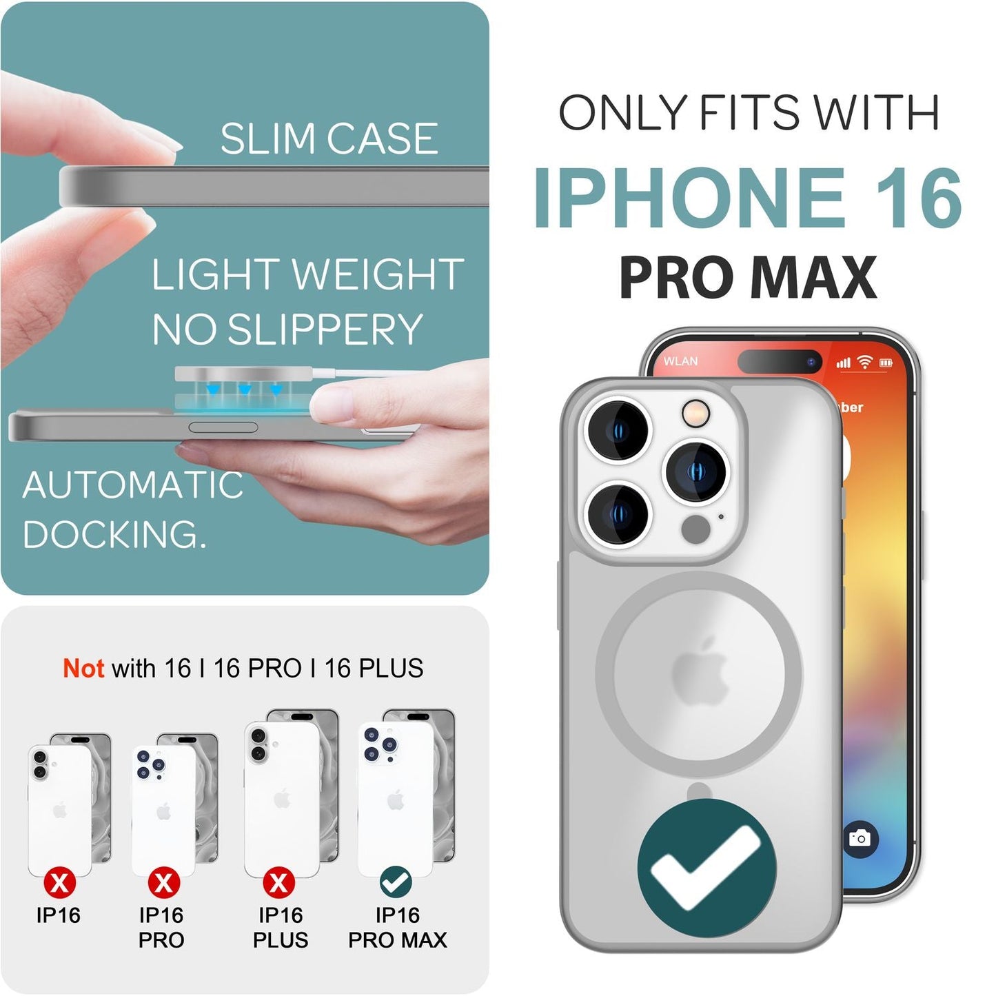 NALIA Matte MagSafe Hybrid hulstur fyrir iPhone 16 Pro Max, akrýl bakhlið gegn fingrafaravörn, hálfgagnsætt