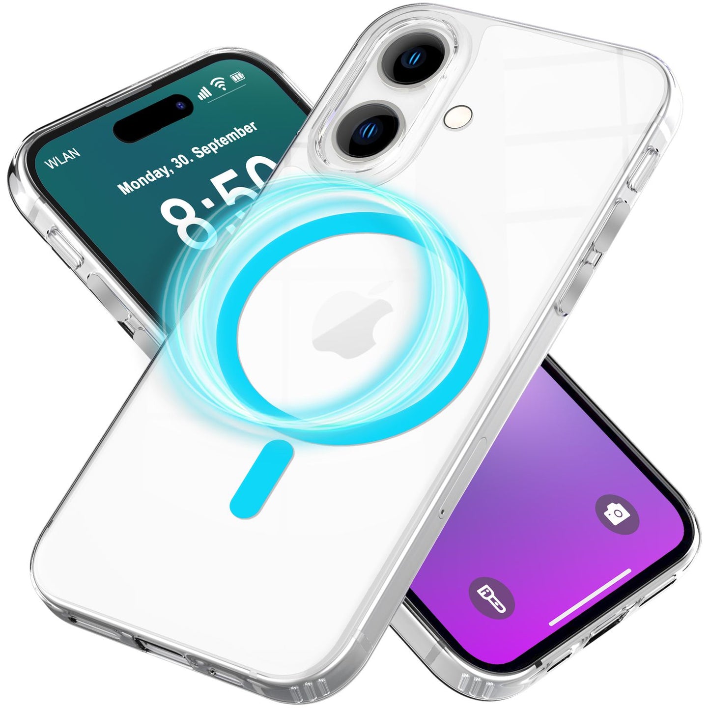 NALIA gegnsætt MagSafe akrýlhulstur fyrir iPhone 16, litríkur neonhringur með næturljómaáhrifum, gegnsætt símahulstur