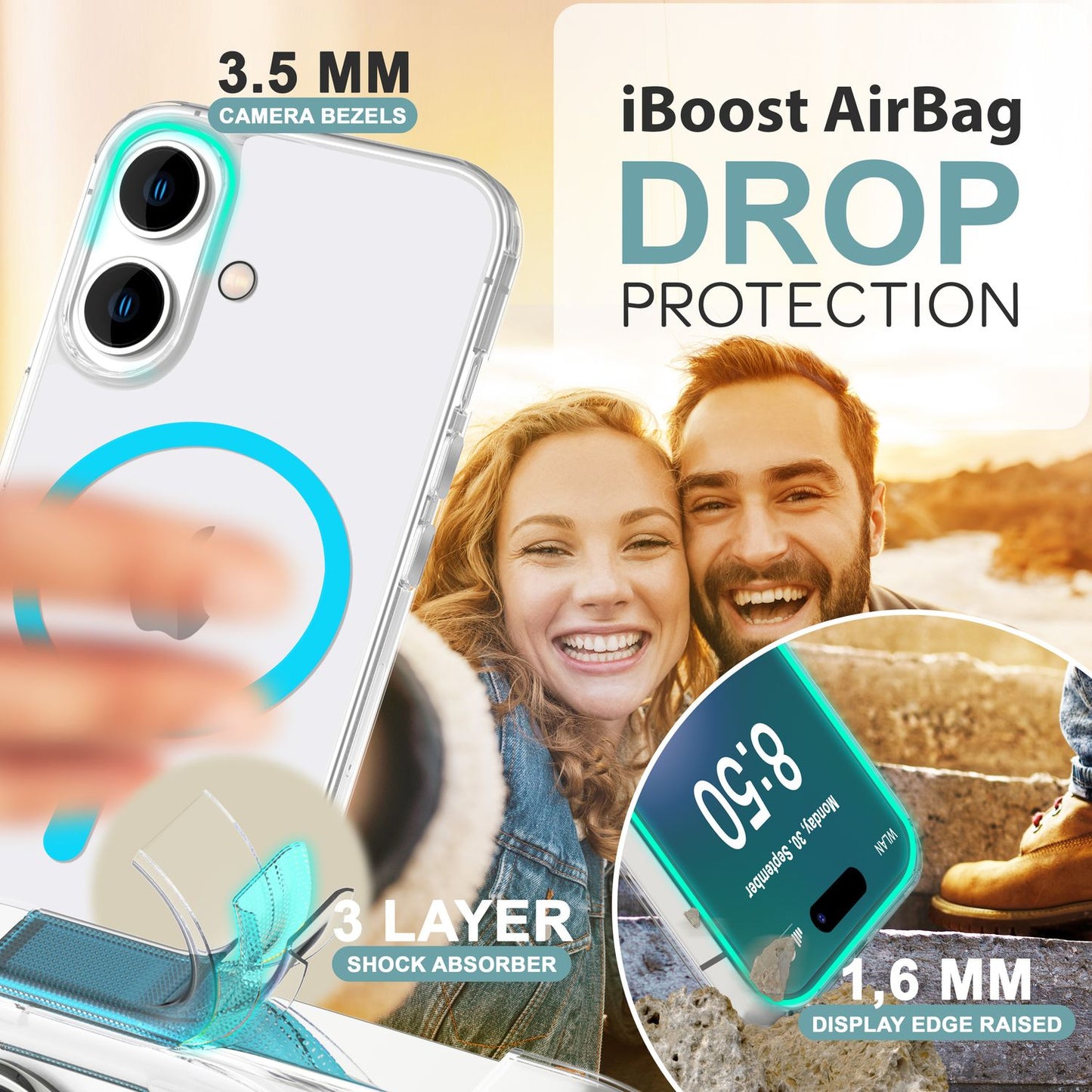 NALIA gegnsætt MagSafe akrýlhulstur fyrir iPhone 16, litríkur neonhringur með næturljómaáhrifum, gegnsætt símahulstur