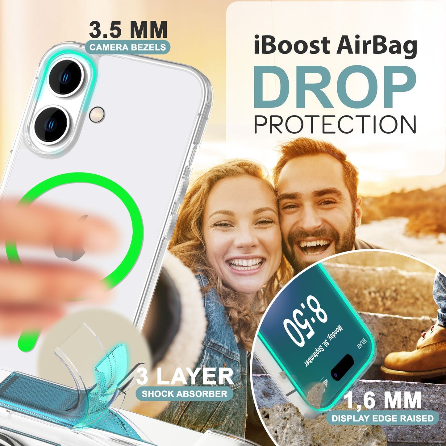 NALIA gegnsætt MagSafe akrýlhulstur fyrir iPhone 16, litríkur neonhringur með næturljómaáhrifum, gegnsætt símahulstur