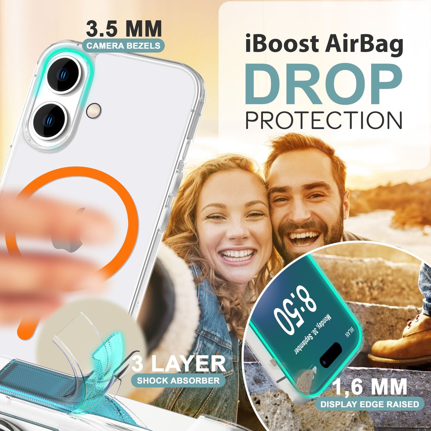 NALIA gegnsætt MagSafe akrýlhulstur fyrir iPhone 16, litríkur neonhringur með næturljómaáhrifum, gegnsætt símahulstur