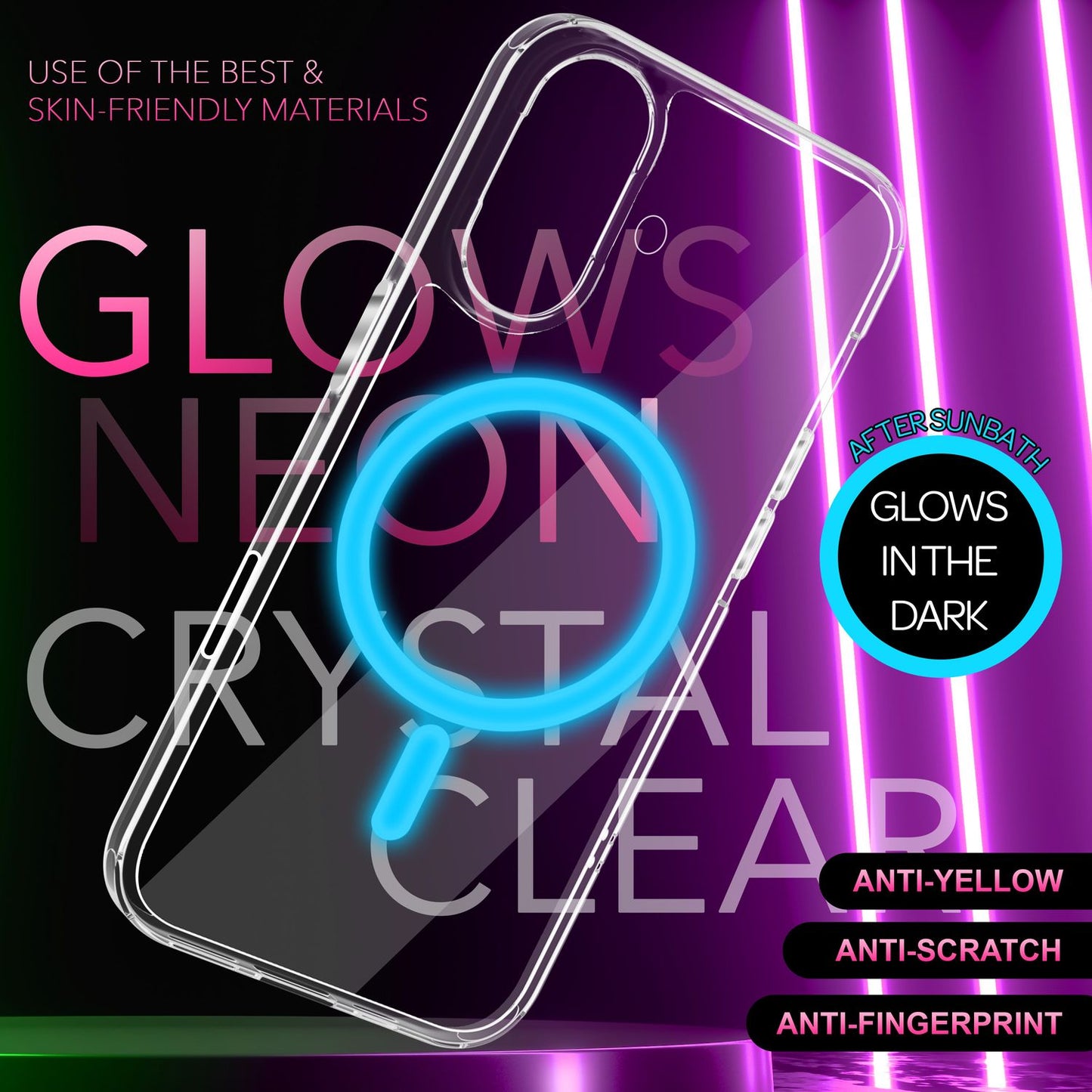 NALIA gegnsætt MagSafe akrýlhulstur fyrir iPhone 16, litríkur neonhringur með næturljómaáhrifum, gegnsætt símahulstur