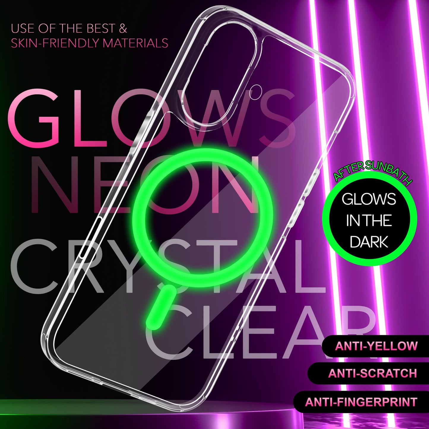 NALIA gegnsætt MagSafe akrýlhulstur fyrir iPhone 16, litríkur neonhringur með næturljómaáhrifum, gegnsætt símahulstur