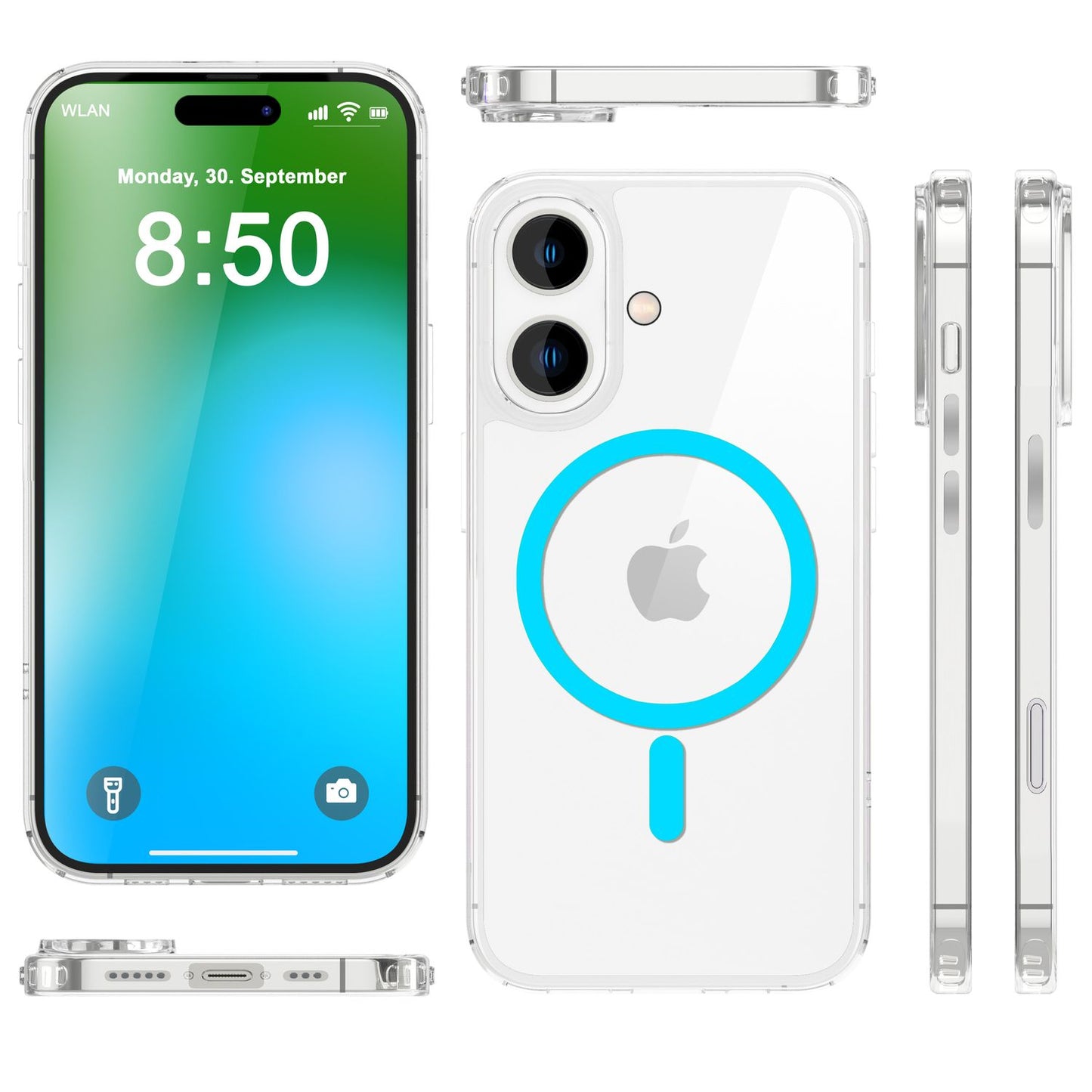 NALIA gegnsætt MagSafe akrýlhulstur fyrir iPhone 16, litríkur neonhringur með næturljómaáhrifum, gegnsætt símahulstur