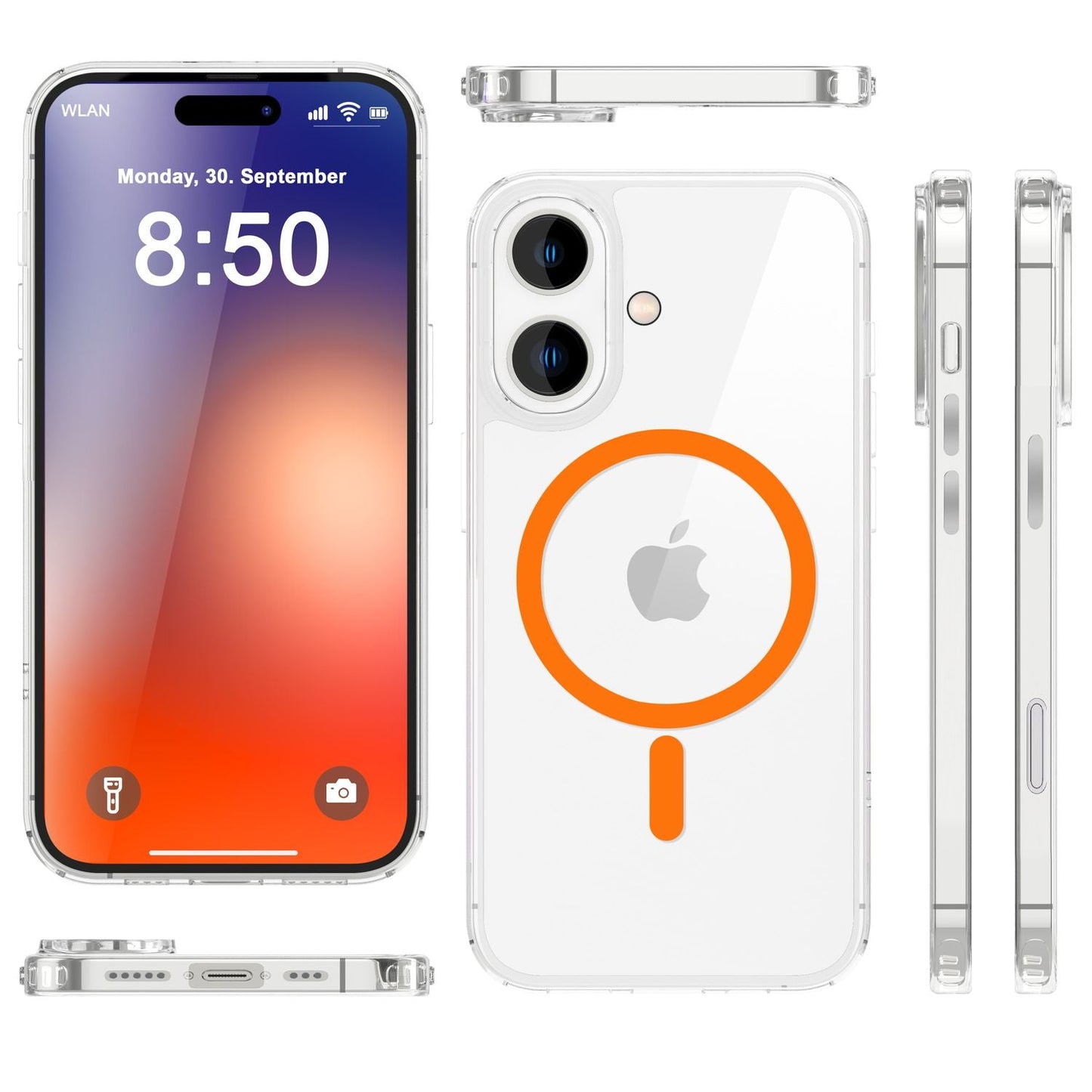 NALIA gegnsætt MagSafe akrýlhulstur fyrir iPhone 16, litríkur neonhringur með næturljómaáhrifum, gegnsætt símahulstur