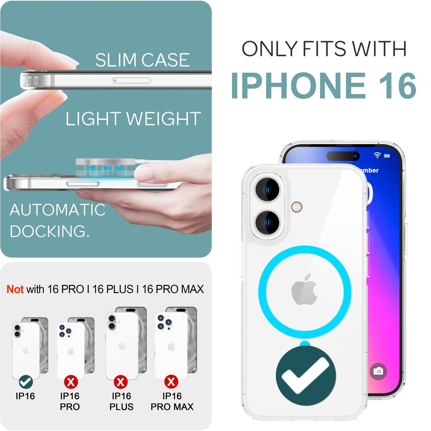 NALIA gegnsætt MagSafe akrýlhulstur fyrir iPhone 16, litríkur neonhringur með næturljómaáhrifum, gegnsætt símahulstur