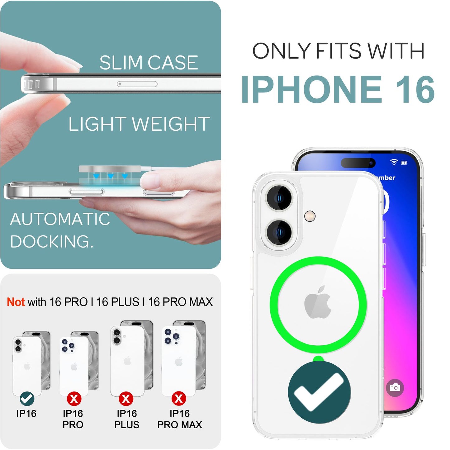 NALIA gegnsætt MagSafe akrýlhulstur fyrir iPhone 16, litríkur neonhringur með næturljómaáhrifum, gegnsætt símahulstur