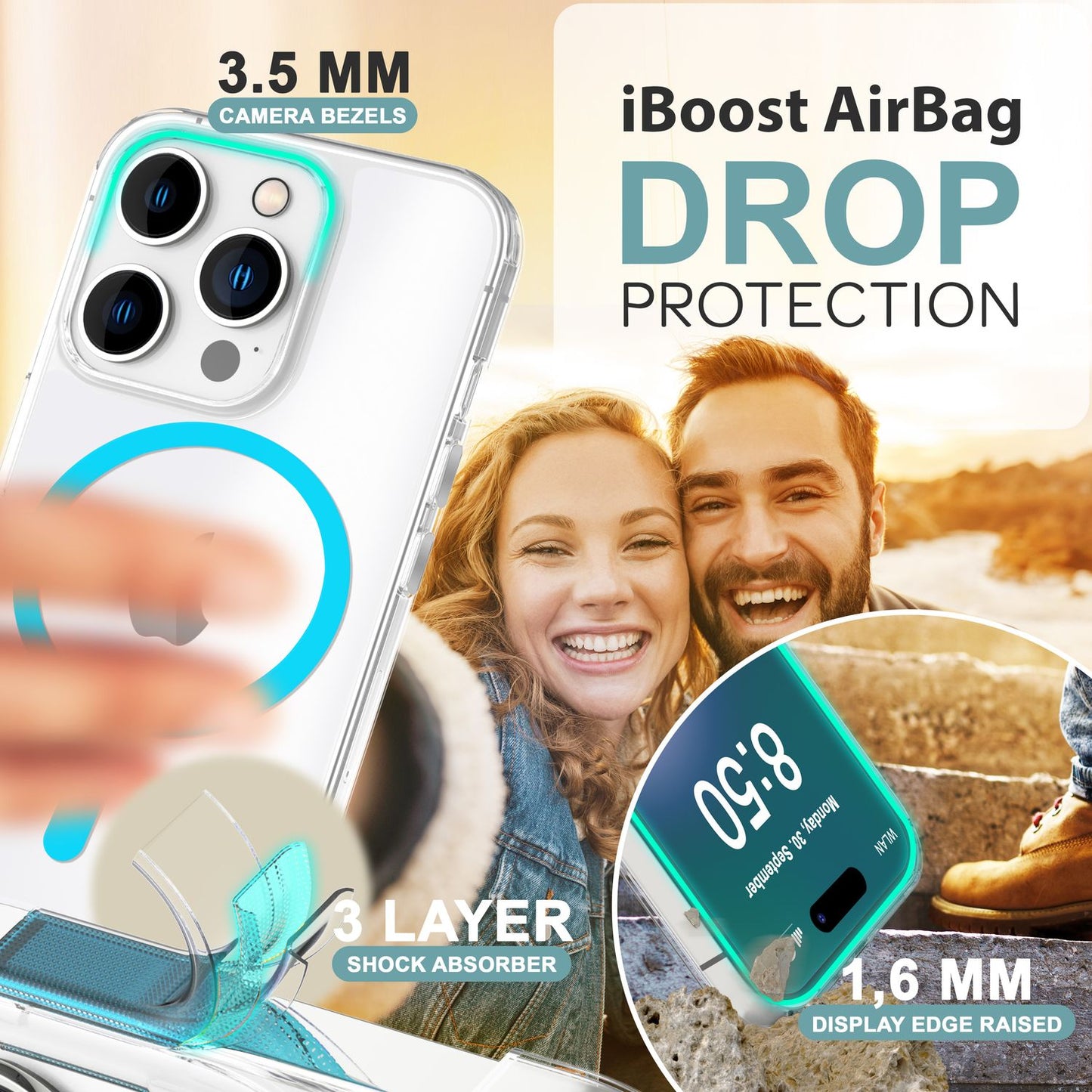 NALIA Clear MagSafe Acrylic Case for iPhone 16 Pro, Colorful Neon Ring with Night Glow Effect, Transparent Phone Case