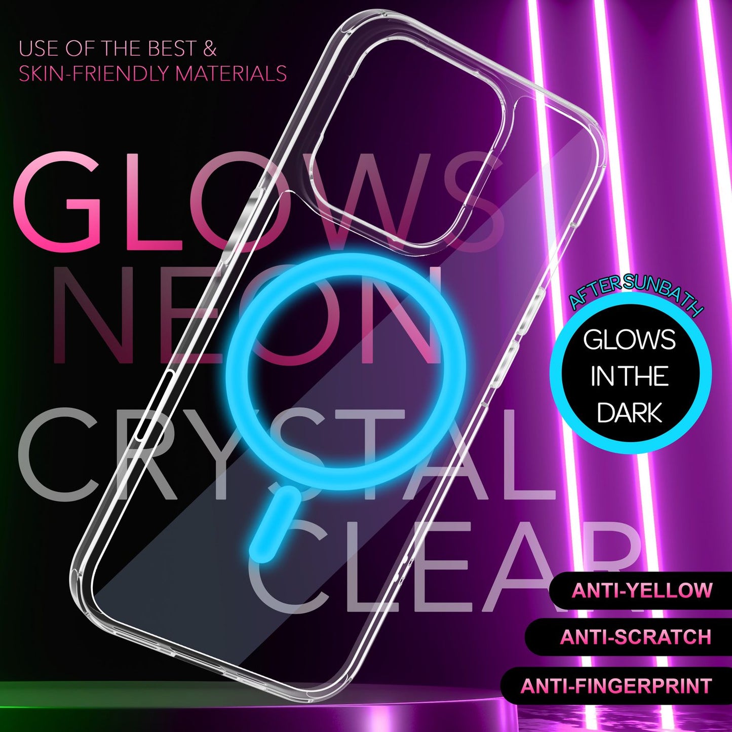 NALIA Clear MagSafe Acrylic Case for iPhone 16 Pro, Colorful Neon Ring with Night Glow Effect, Transparent Phone Case