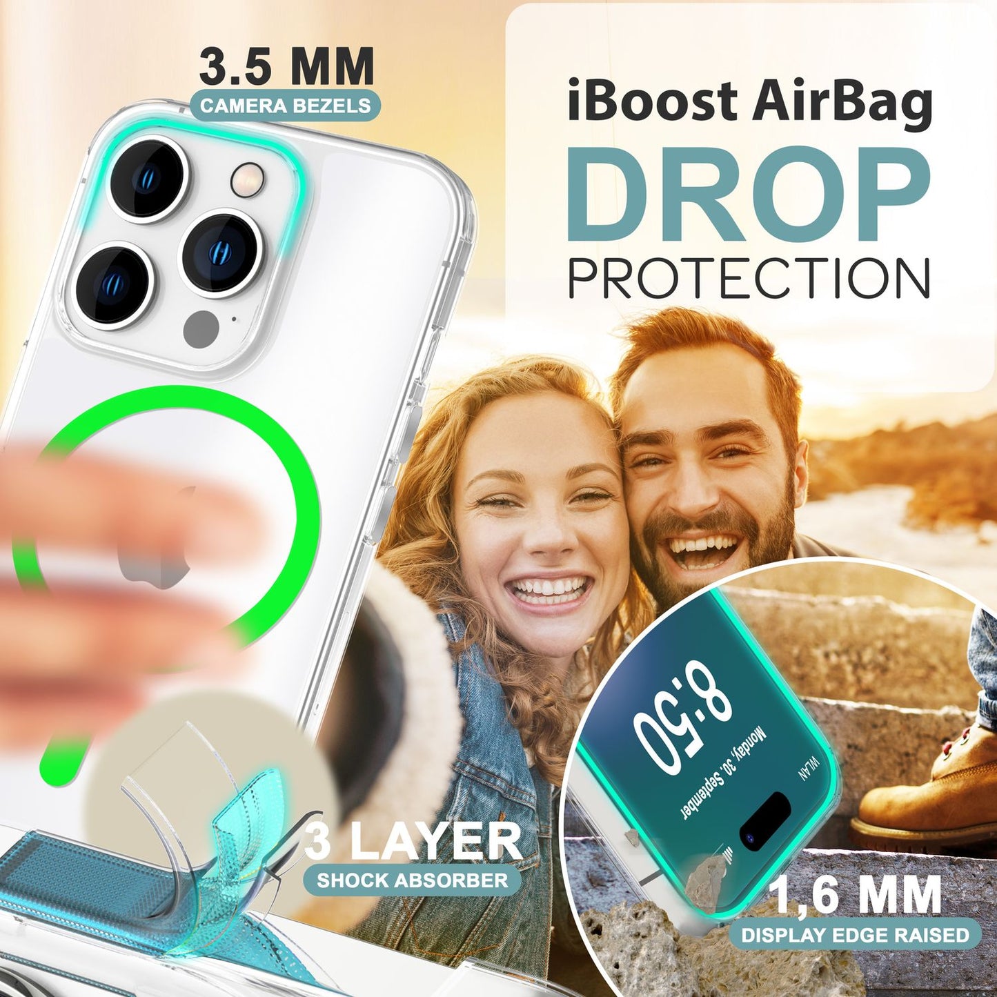 NALIA Clear MagSafe Acrylic Case for iPhone 16 Pro, Colorful Neon Ring with Night Glow Effect, Transparent Phone Case