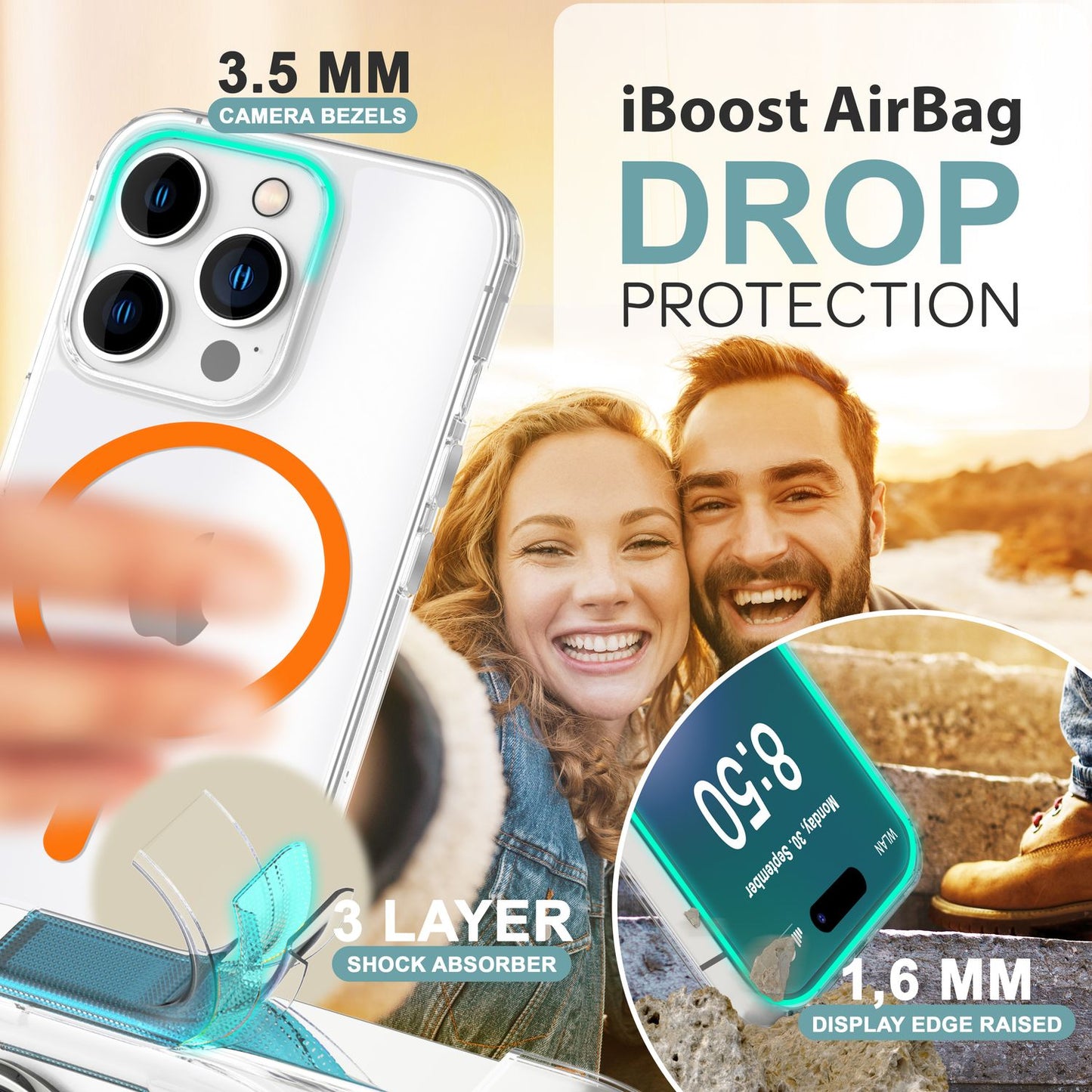 NALIA Clear MagSafe Acrylic Case for iPhone 16 Pro, Colorful Neon Ring with Night Glow Effect, Transparent Phone Case