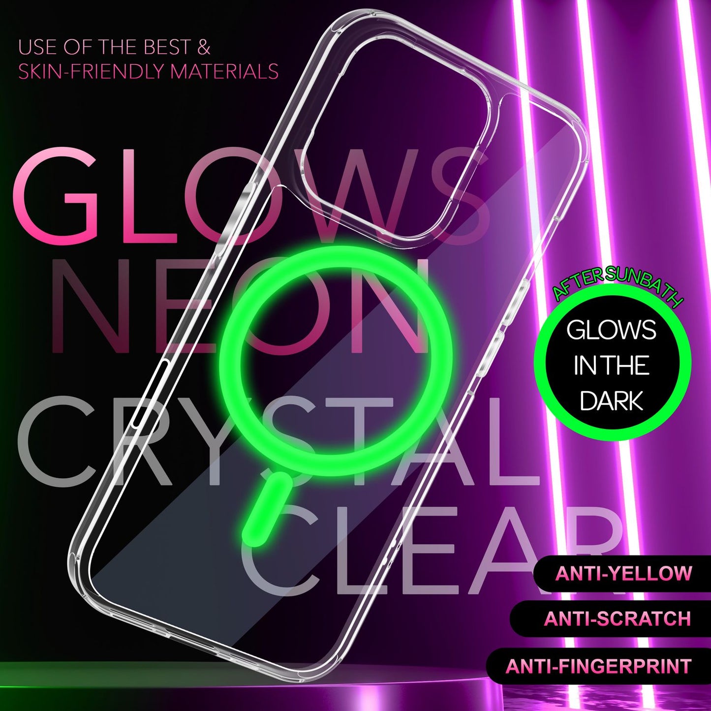 NALIA Clear MagSafe Acrylic Case for iPhone 16 Pro Max, Colorful Neon Ring with Night Glow Effect, Robust Phone Case