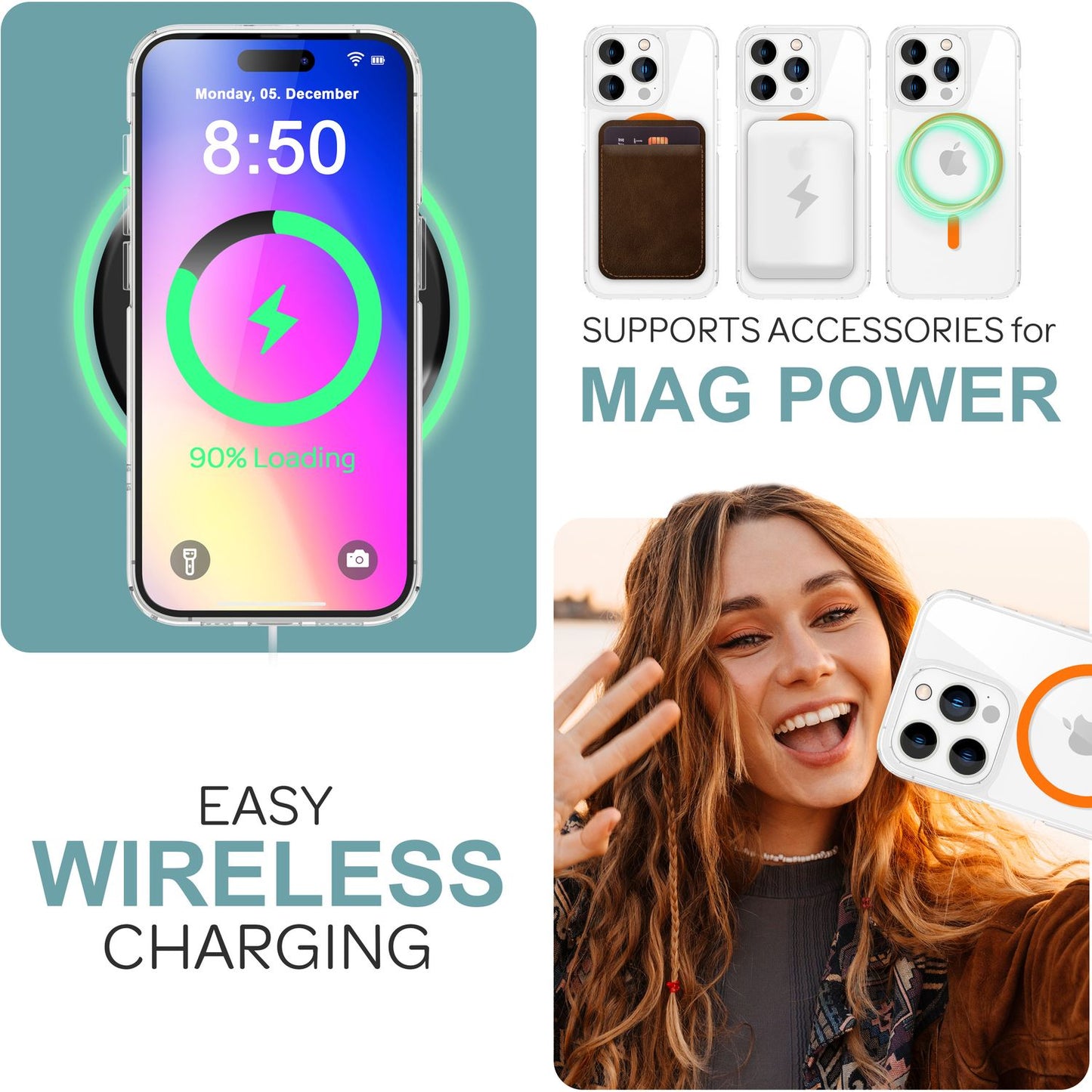 NALIA Clear MagSafe Acrylic Case for iPhone 16 Pro Max, Colorful Neon Ring with Night Glow Effect, Robust Phone Case