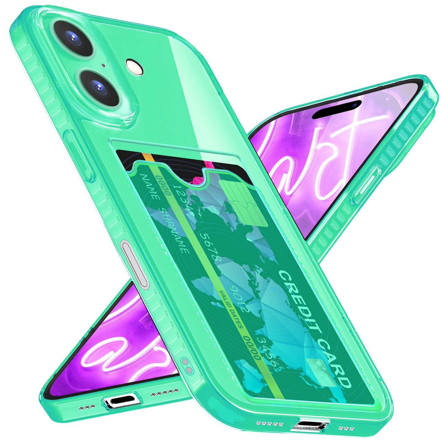 NALIA Klare Neon Hülle mit Kartenhalter für iPhone 16, Bunte Handyhülle mit Kartenfach, Durchsichtiges Silikon