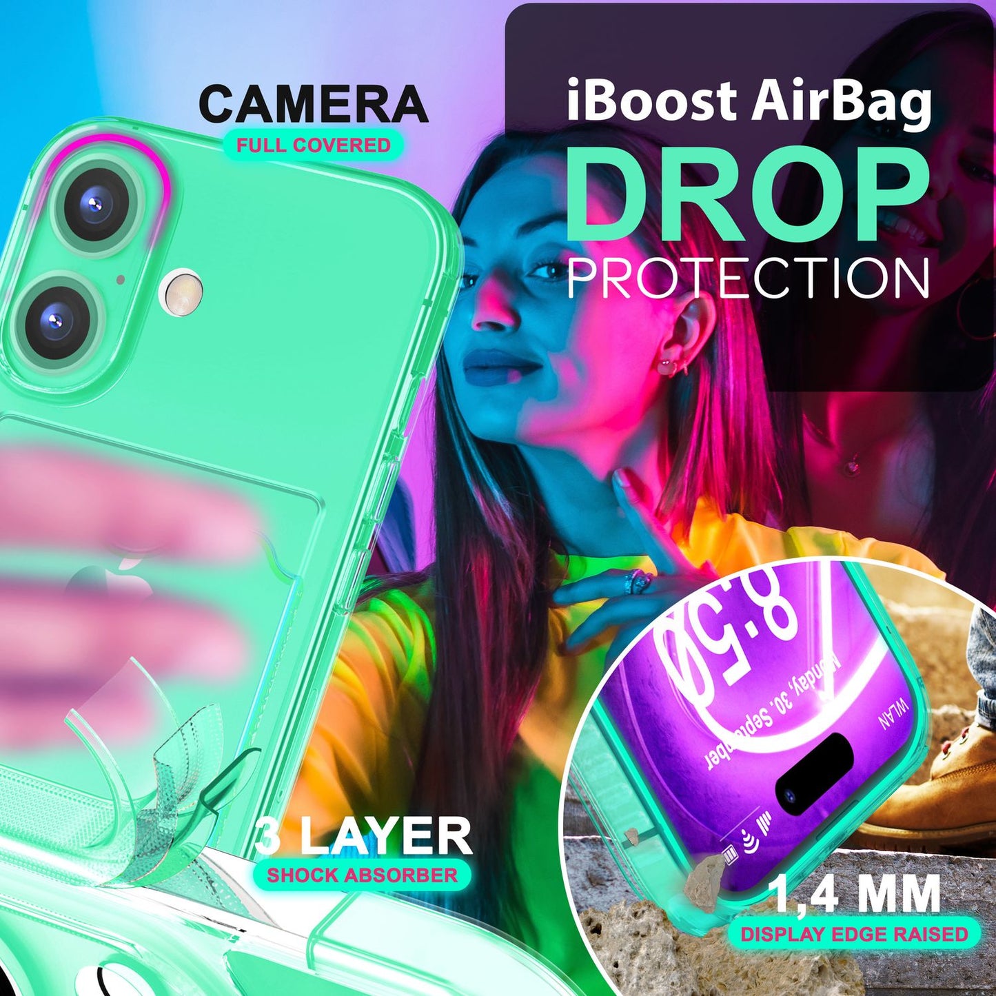 NALIA Klare Neon Hülle mit Kartenhalter für iPhone 16, Bunte Handyhülle mit Kartenfach, Durchsichtiges Silikon