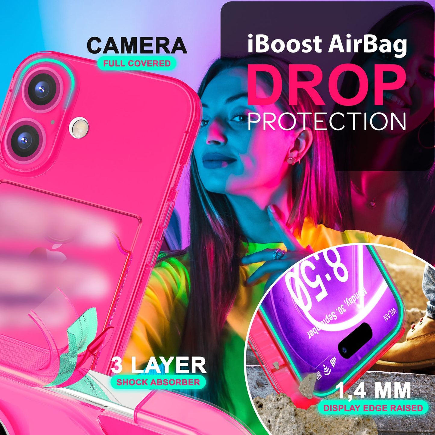 NALIA Klare Neon Hülle mit Kartenhalter für iPhone 16, Bunte Handyhülle mit Kartenfach, Durchsichtiges Silikon