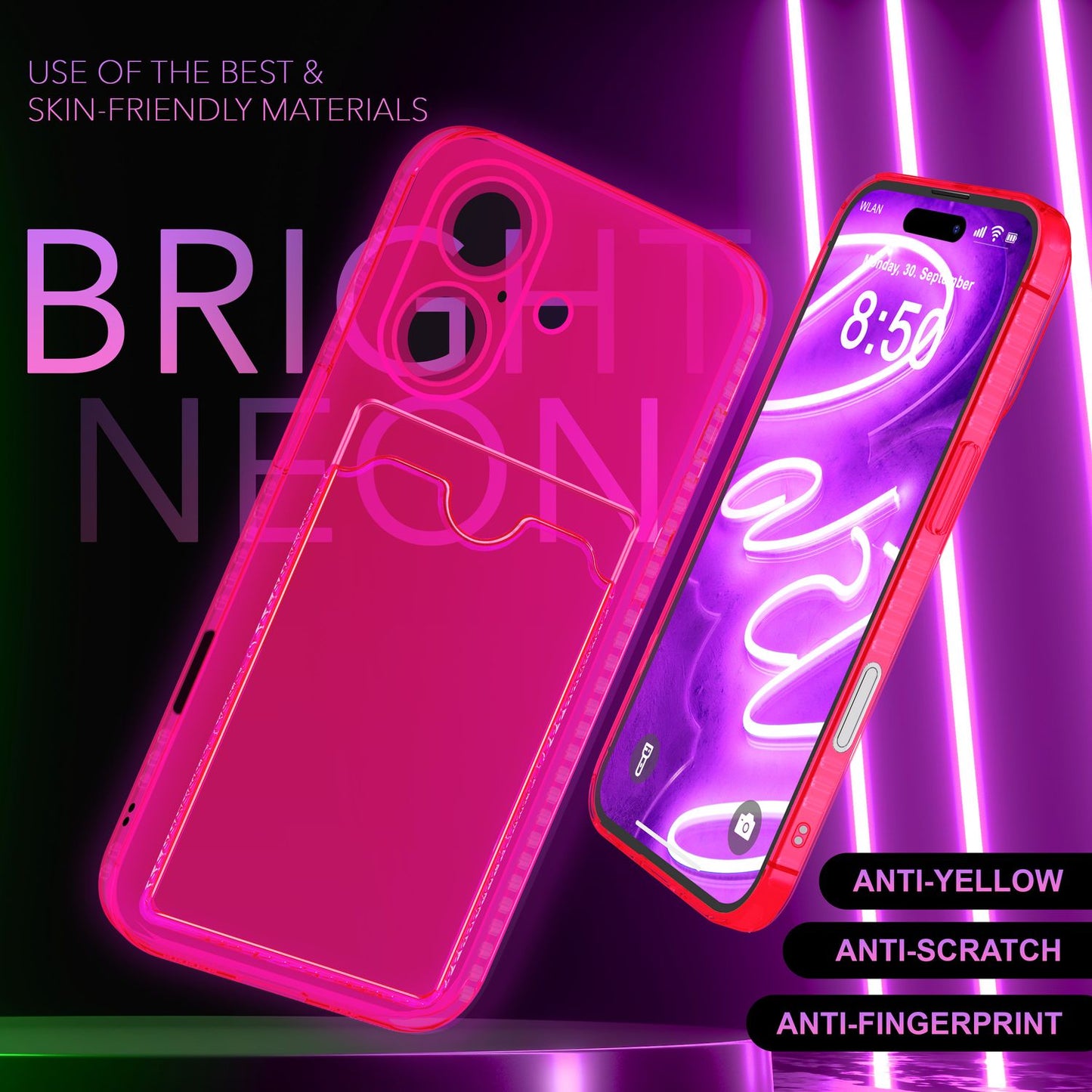 NALIA Klare Neon Hülle mit Kartenhalter für iPhone 16, Bunte Handyhülle mit Kartenfach, Durchsichtiges Silikon