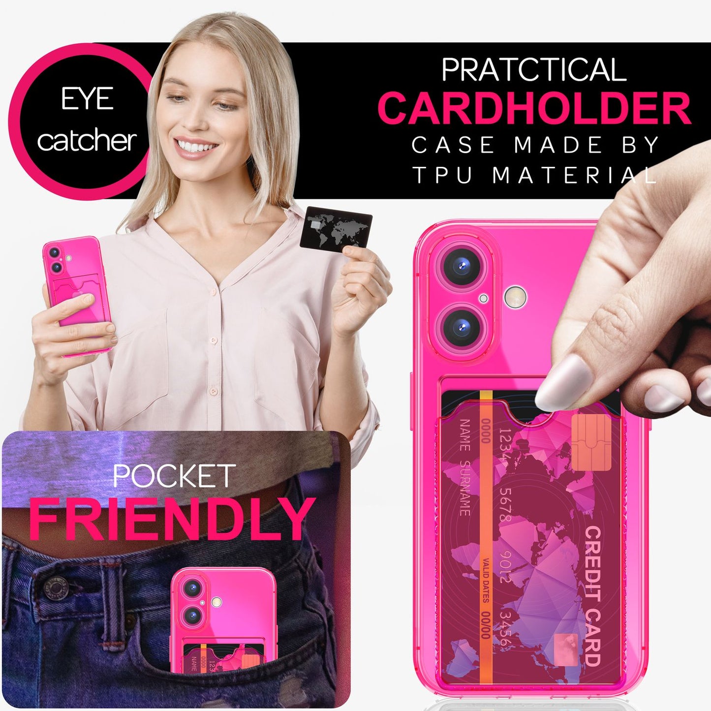 NALIA Klare Neon Hülle mit Kartenhalter für iPhone 16, Bunte Handyhülle mit Kartenfach, Durchsichtiges Silikon