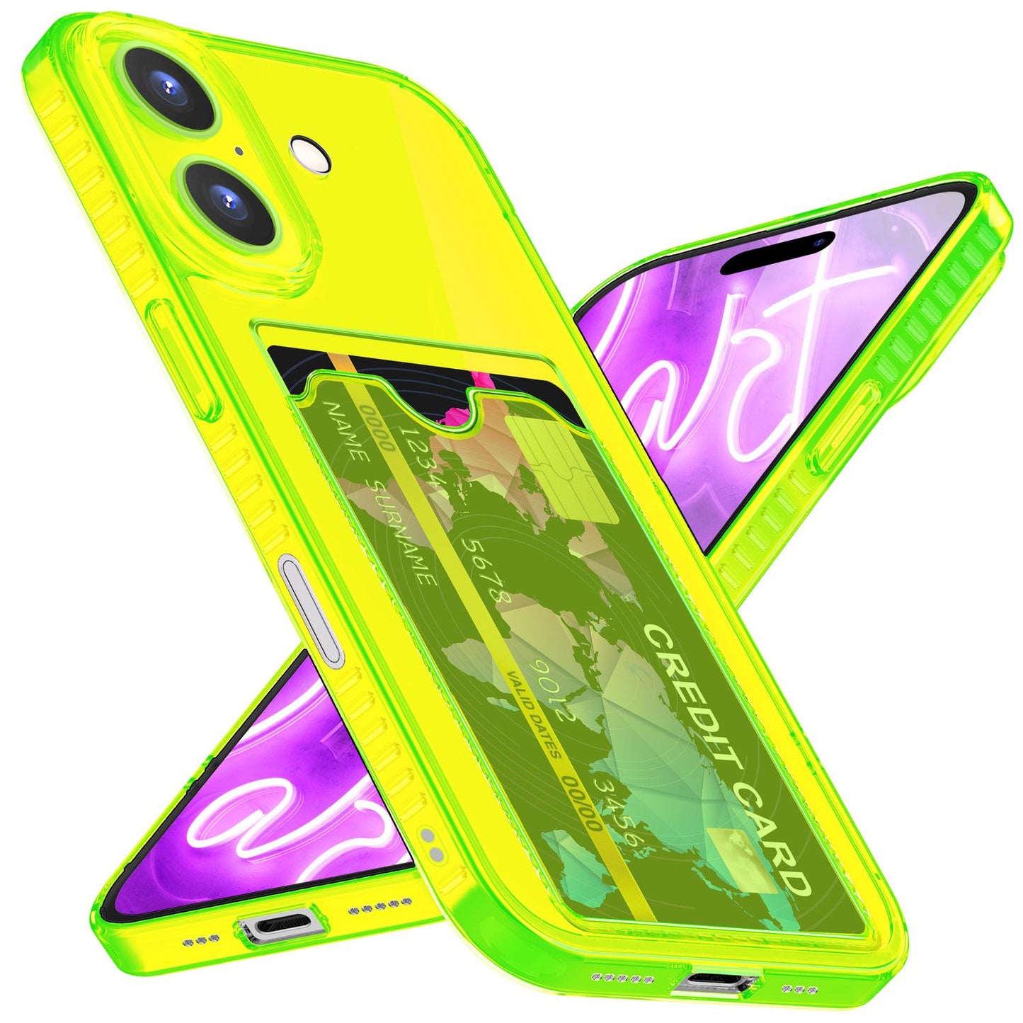 NALIA Klare Neon Hülle mit Kartenhalter für iPhone 16, Bunte Handyhülle mit Kartenfach, Durchsichtiges Silikon