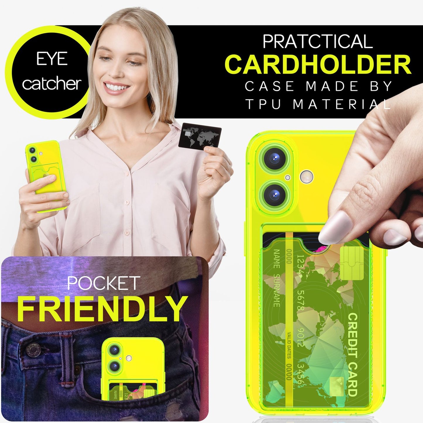 NALIA Klare Neon Hülle mit Kartenhalter für iPhone 16, Bunte Handyhülle mit Kartenfach, Durchsichtiges Silikon