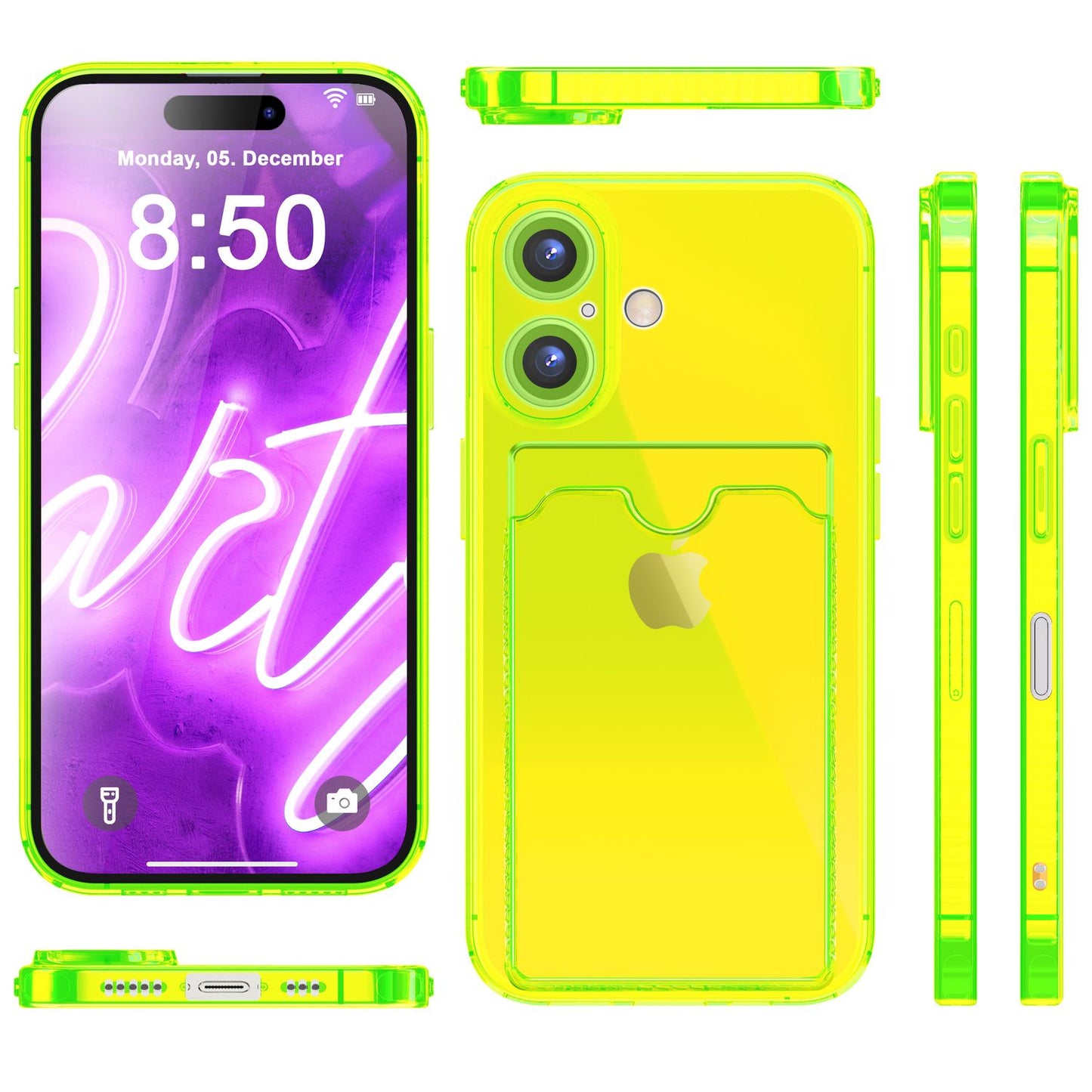 NALIA Klare Neon Hülle mit Kartenhalter für iPhone 16, Bunte Handyhülle mit Kartenfach, Durchsichtiges Silikon