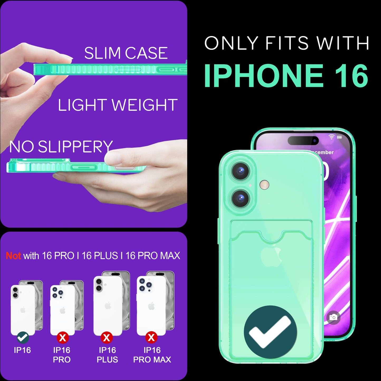 NALIA Klare Neon Hülle mit Kartenhalter für iPhone 16, Bunte Handyhülle mit Kartenfach, Durchsichtiges Silikon