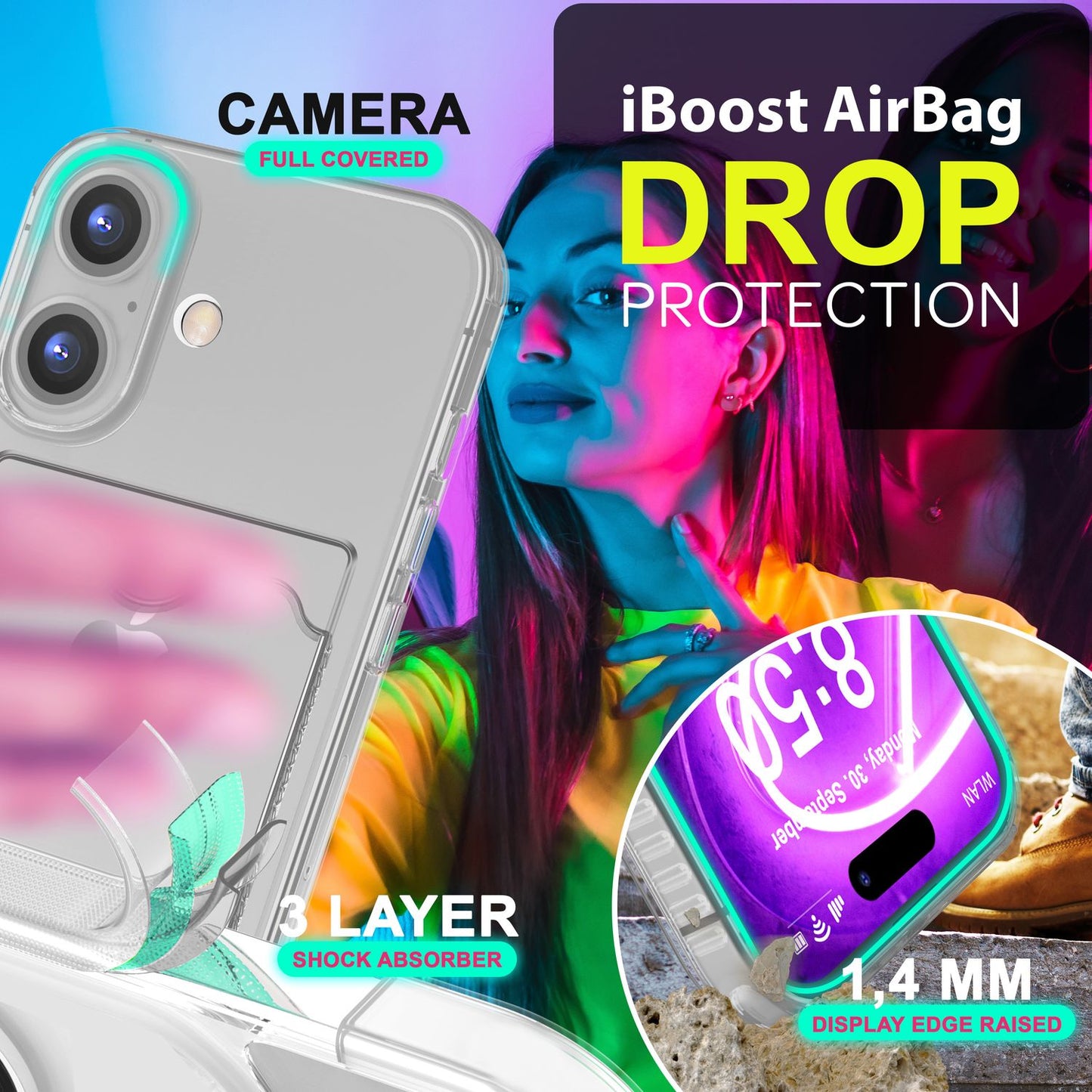 NALIA Klare Neon Hülle mit Kartenhalter für iPhone 16, Bunte Handyhülle mit Kartenfach, Durchsichtiges Silikon