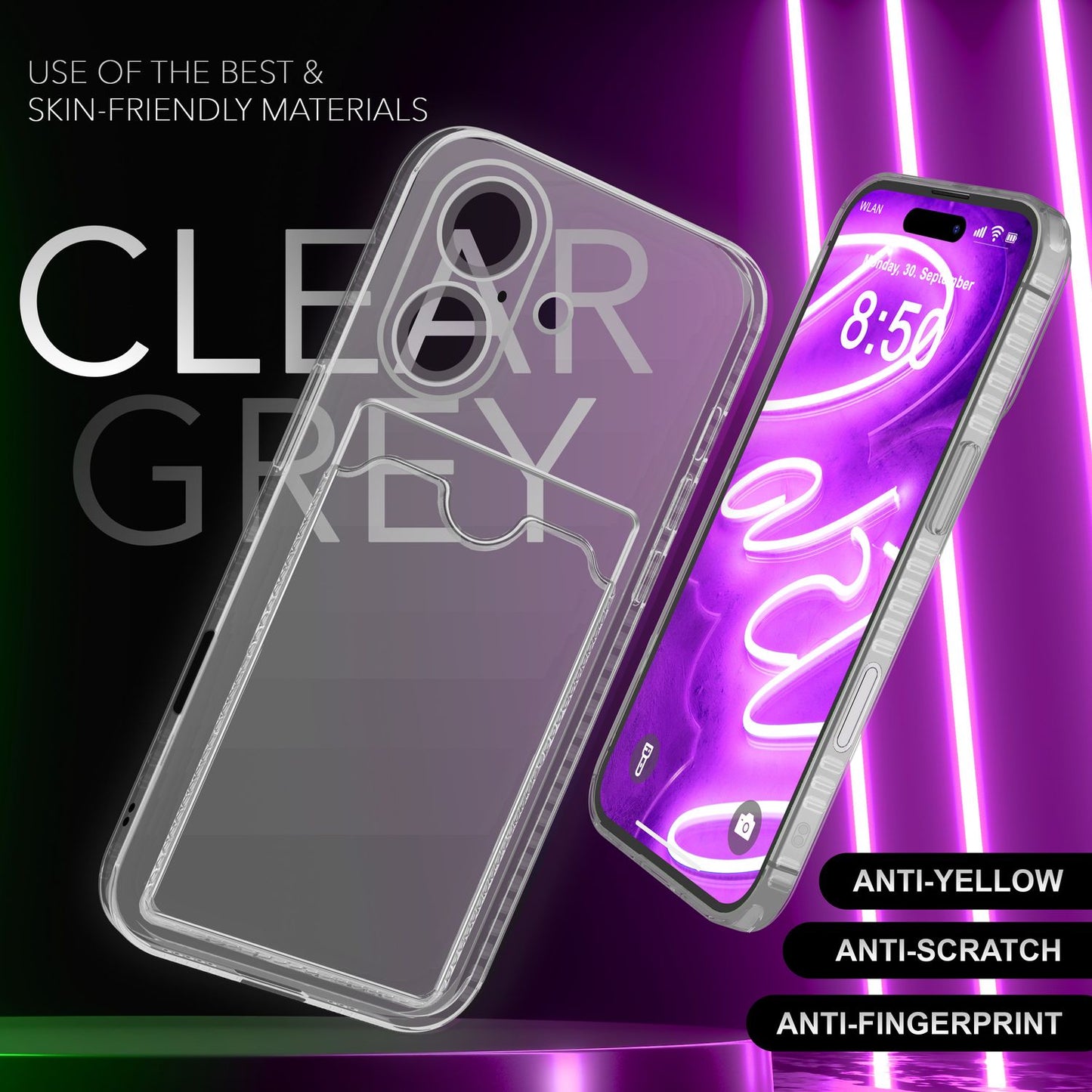 NALIA Klare Neon Hülle mit Kartenhalter für iPhone 16, Bunte Handyhülle mit Kartenfach, Durchsichtiges Silikon