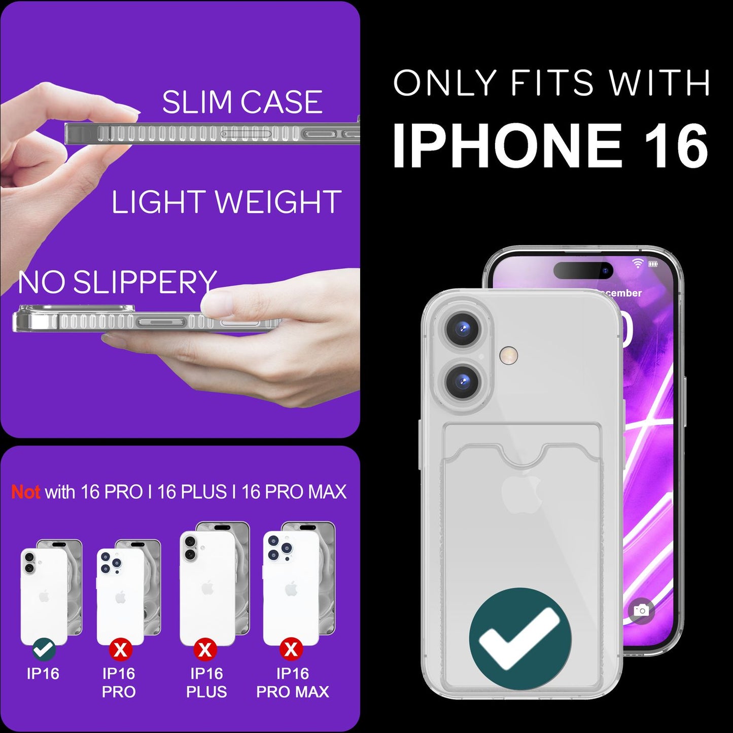 NALIA Klare Neon Hülle mit Kartenhalter für iPhone 16, Bunte Handyhülle mit Kartenfach, Durchsichtiges Silikon