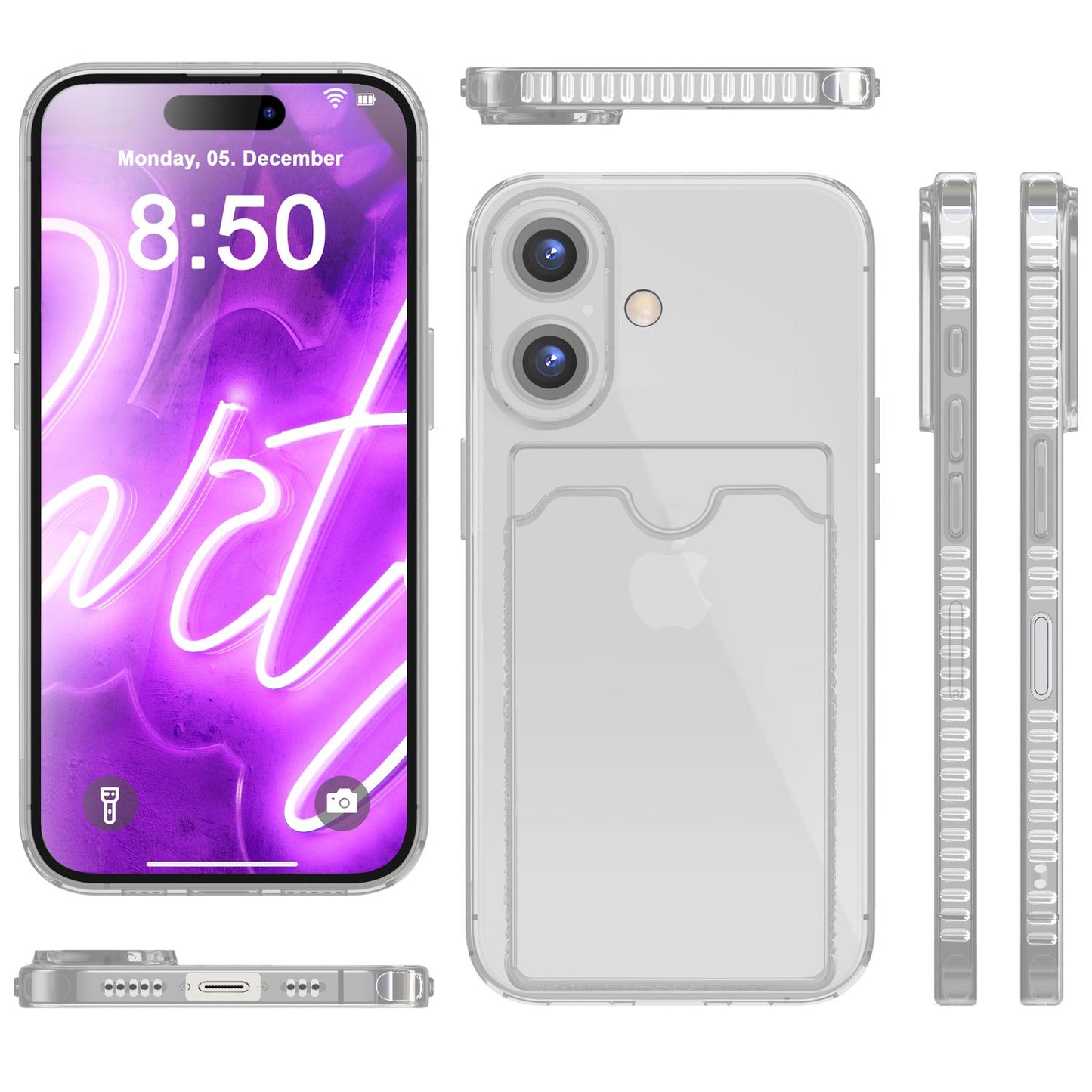 NALIA Klare Neon Hülle mit Kartenhalter für iPhone 16, Bunte Handyhülle mit Kartenfach, Durchsichtiges Silikon