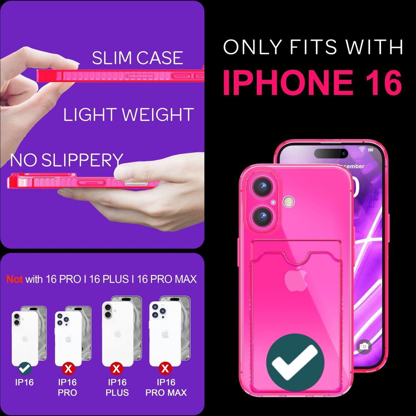 NALIA Klare Neon Hülle mit Kartenhalter für iPhone 16, Bunte Handyhülle mit Kartenfach, Durchsichtiges Silikon