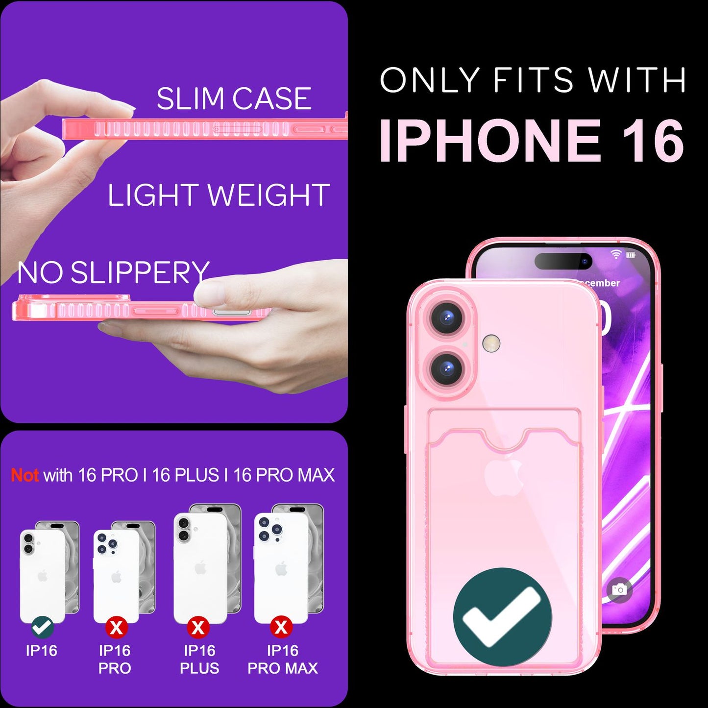 NALIA Klare Neon Hülle mit Kartenhalter für iPhone 16, Bunte Handyhülle mit Kartenfach, Durchsichtiges Silikon