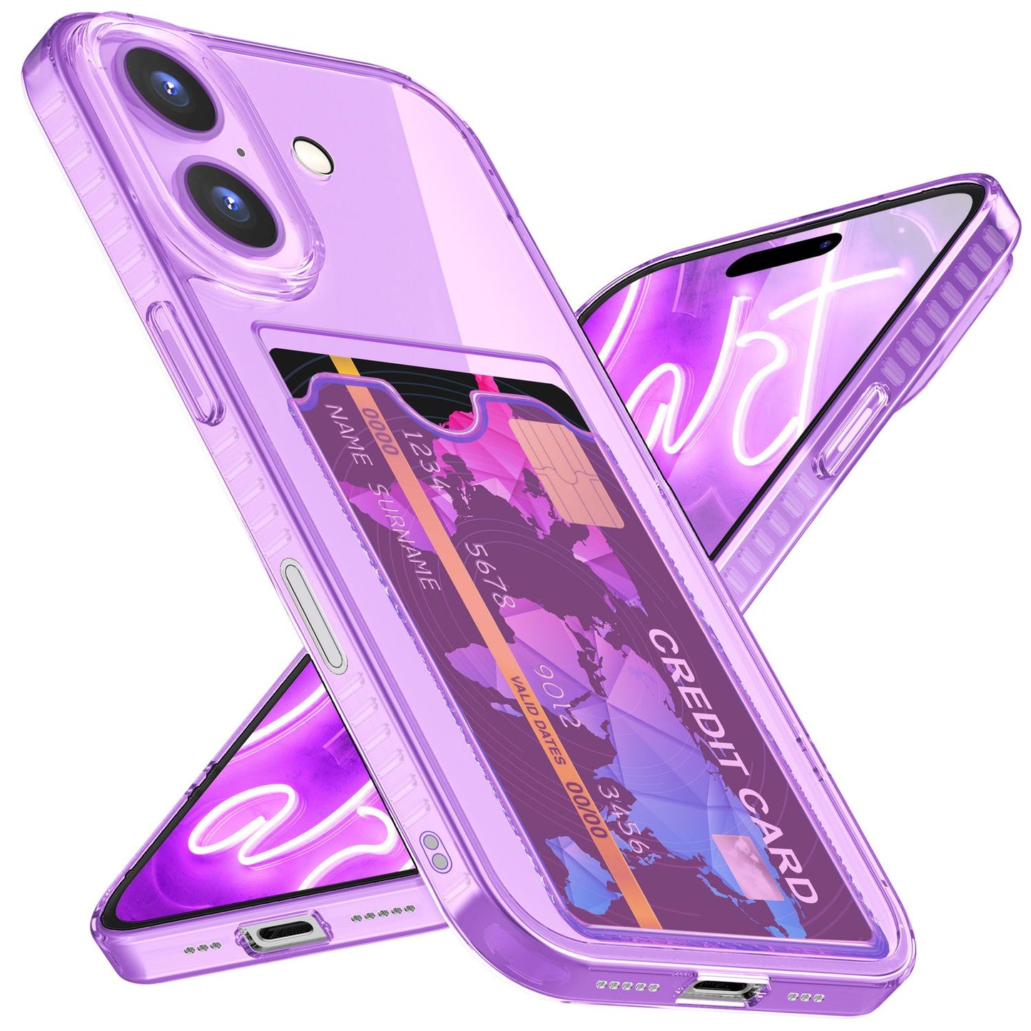 NALIA Klare Neon Hülle mit Kartenhalter für iPhone 16, Bunte Handyhülle mit Kartenfach, Durchsichtiges Silikon