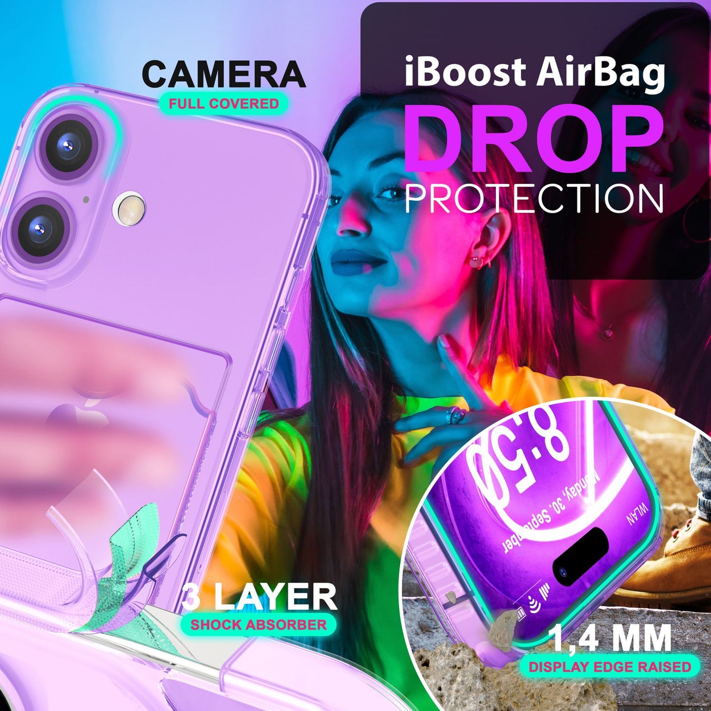 NALIA Klare Neon Hülle mit Kartenhalter für iPhone 16, Bunte Handyhülle mit Kartenfach, Durchsichtiges Silikon