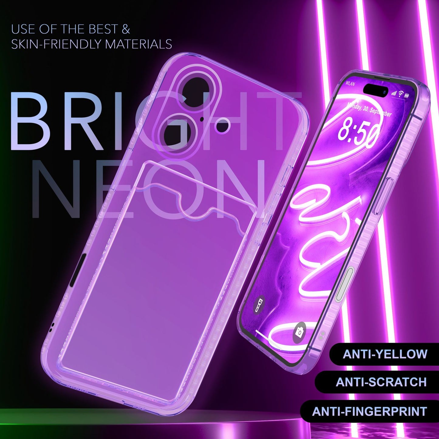 NALIA Klare Neon Hülle mit Kartenhalter für iPhone 16, Bunte Handyhülle mit Kartenfach, Durchsichtiges Silikon