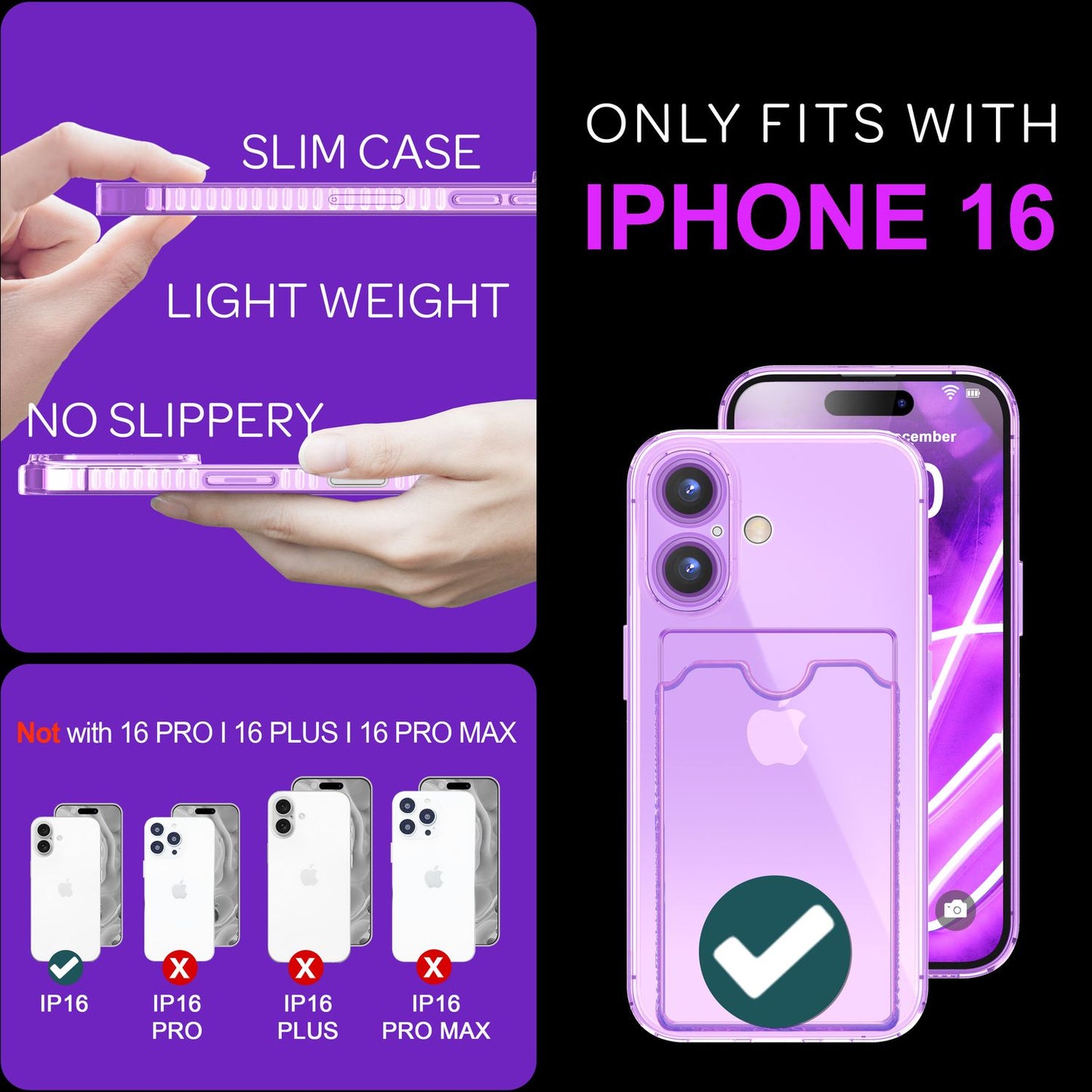 NALIA Klare Neon Hülle mit Kartenhalter für iPhone 16, Bunte Handyhülle mit Kartenfach, Durchsichtiges Silikon